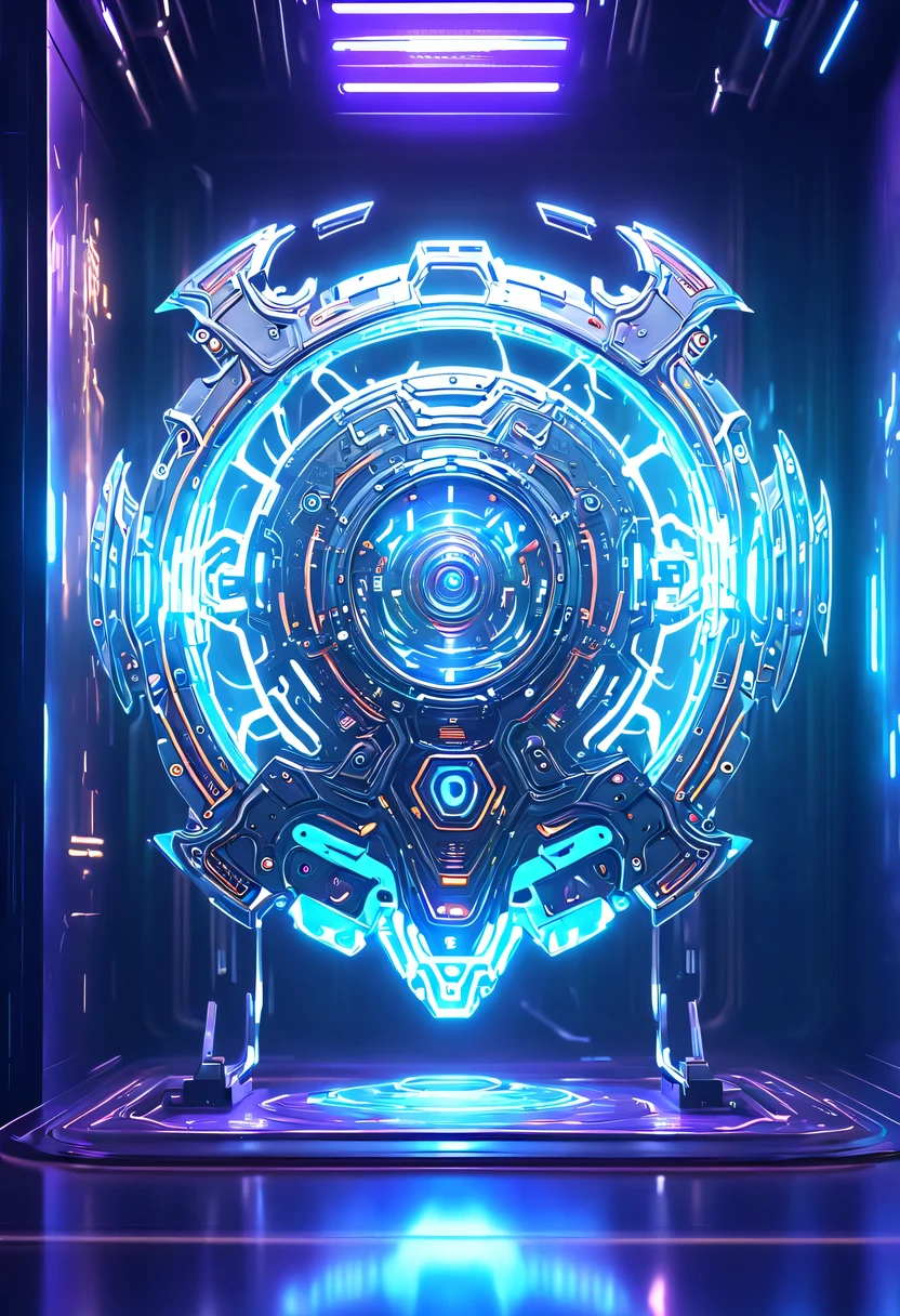 (Legendary Energy Light Shield:1.5)，Sci-fi transparent ethereal shield，future warrior，Mechanical Warrior，mechanical structure，cyberpunk，Holographic projection，fault art，mechanical aesthetics，neon lights，laser light，fluorescence，glow effect，liquid metal，Copper plate engraving，Unreal Engine