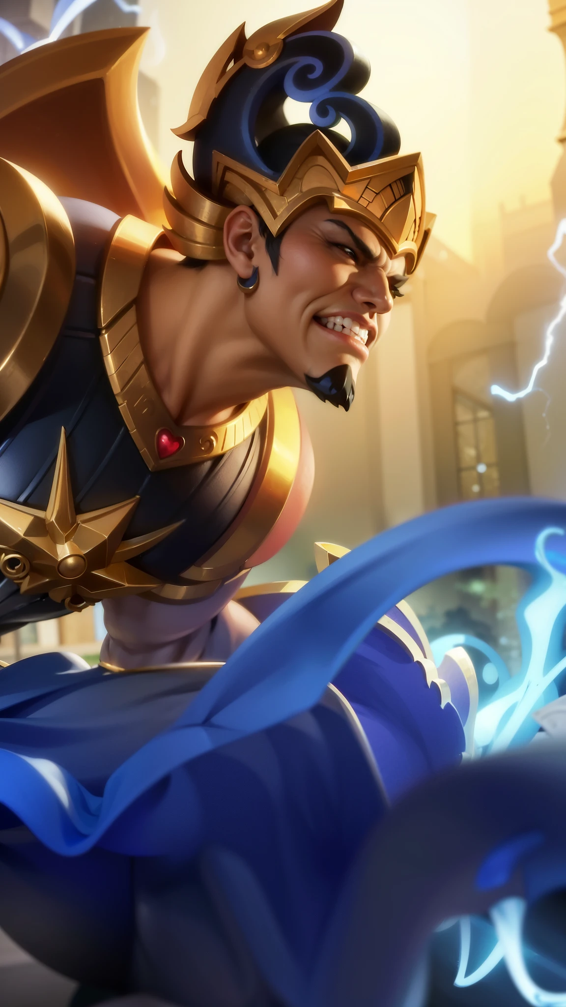 Masterpiece, ultra HD, detailed all picture, a close up of a devil, gatotkaca from mobile legend, evil, extremely detailed artgerm, mobile legends character, inspired by gatotkaca, Six pack chest and abs, yellow jewel above the chest.