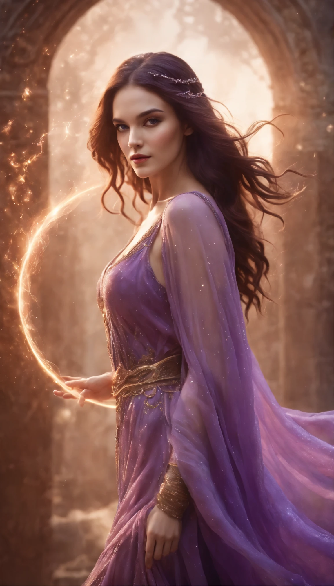 A young beautiful woman, goddess of magic, long purple hair, perfect body, perfect round breast, soft and attractive, wearing ancient styled purple peplos dress, standing and starring, mysterious magic particles around her, high resolution, fantasy photo, vivid, medium closed up view, Enter a captivating scene, How energetic magical ambient energy ignite the air around you, Creates a stunningly dynamic atmosphere. Creative lighting styles bathed in brilliant light, mystical magic light, Harmonizes with flowing magic sparks . Crafted with meticulous precision，Render in stunning 10k high resolution, This masterpiece incorporates the artistic medium of digital illustration, Mystical realism, and contemporary surrealism, The ethereal beauty of magic, arcane particles enhance the sense of magic and wonder.