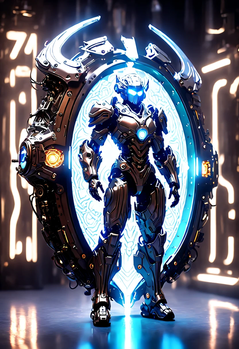 (Legendary Energy Light Shield:1.5)，Sci-fi transparent ethereal shield，future warrior，Mechanical Warrior，mechanical structure，cyberpunk，Holographic projection，fault art，mechanical aesthetics，neon lights，laser light，fluorescence，glow effect，liquid metal，Copper plate engraving，Unreal Engine