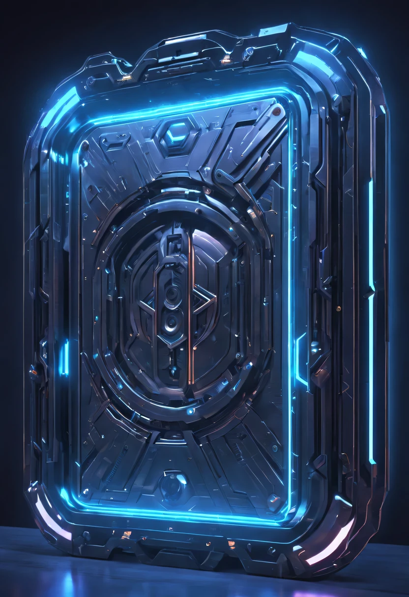 (Legendary Energy Light Shield:1.5),Sci-fi transparent ethereal shield,future warrior,Mechanical Warrior,mechanical structure,cyberpunk,Holographic projection,fault art,mechanical aesthetics,neon lights,laser light,fluorescence,glow effect,liquid metal,Copper plate engraving,Unreal Engine