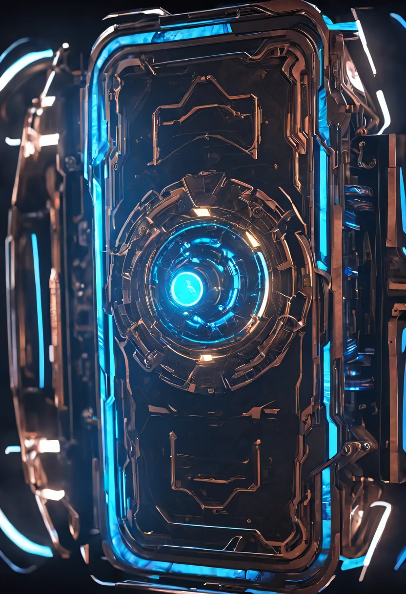 (Legendary Energy Light Shield:1.5)，Sci-fi transparent ethereal shield，future warrior，Mechanical Warrior，mechanical structure，cyberpunk，Holographic projection，fault art，mechanical aesthetics，neon lights，laser light，fluorescence，glow effect，liquid metal，Copper plate engraving，Unreal Engine