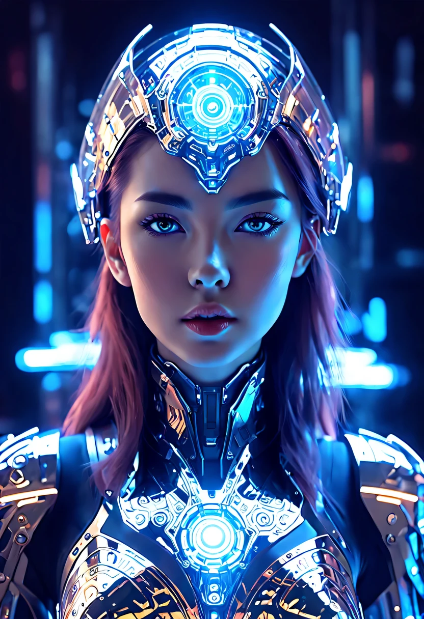 (Legendary Energy Light Shield:1.5)，Sci-fi transparent ethereal shield，Future female warriors，Mechanical Female Warrior，mechanical structure，cyberpunk，Holographic projection，fault art，mechanical aesthetics，neon lights，laser light，fluorescence，glow effect，liquid metal，Copper plate engraving，Unreal Engine