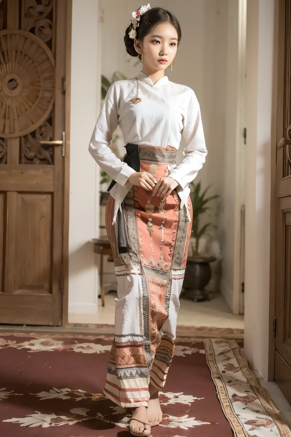 MMTD Burmese patterned traditional dress lady full body details