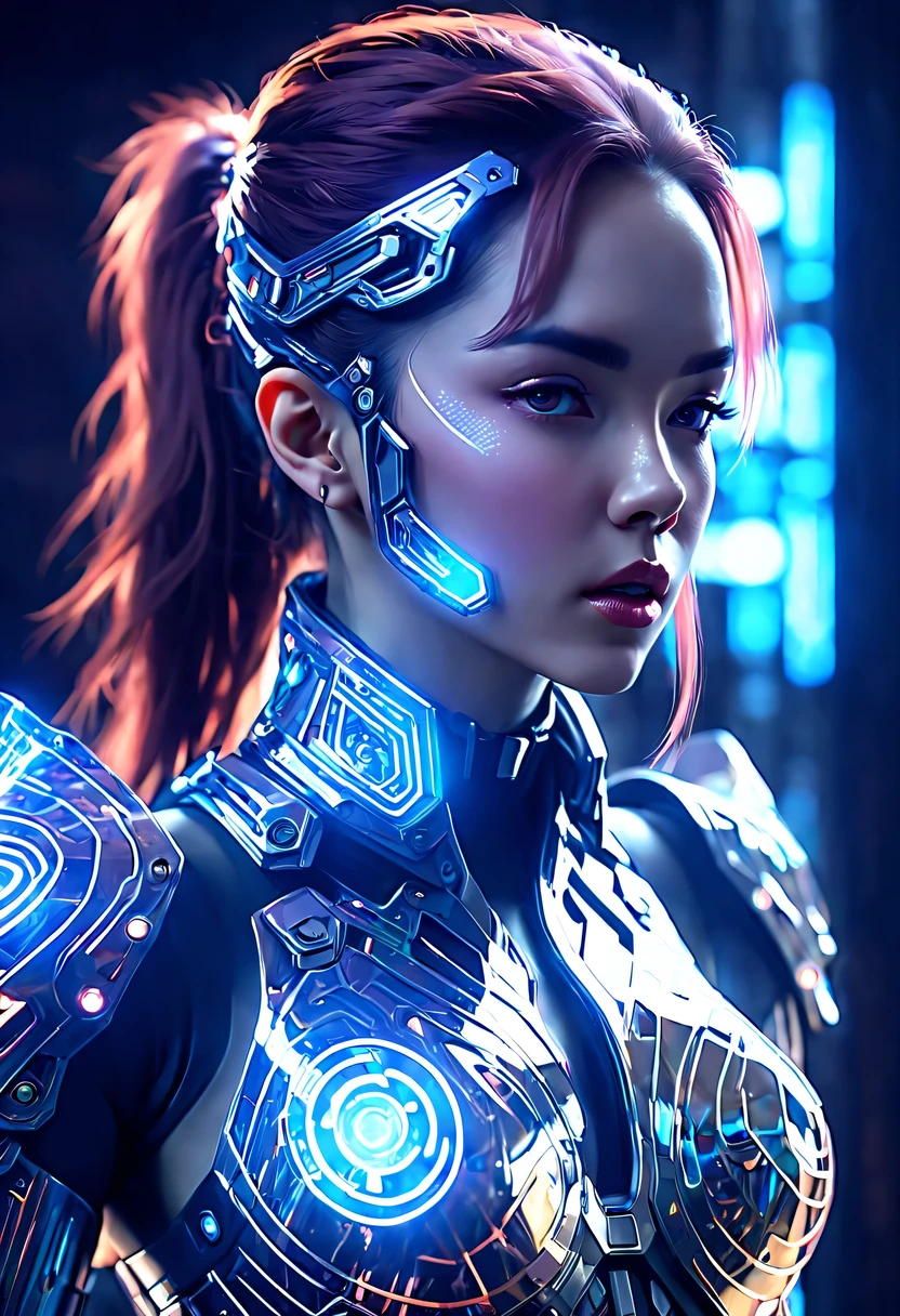 (Legendary Energy Light Shield:1.5),Sci-fi transparent ethereal shield,Future female warriors,Mechanical Female Warrior,mechanical structure,cyberpunk,Holographic projection,fault art,mechanical aesthetics,neon lights,laser light,fluorescence,glow effect,liquid metal,Copper plate engraving,Unreal Engine