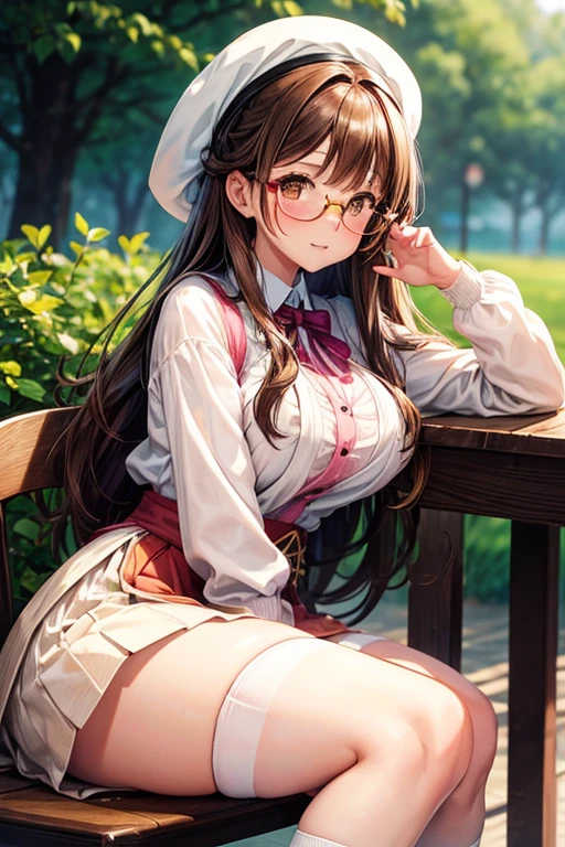 high resolution, high quality, 1 girl, anime girl, Brown hair long hair, brown eyes, Green glasses, tanned skin, big breasts, (big ass),Pink Cardigan,White Dirndl Skirt,White high socks,Upper Body,Close Up,Sitting a chair,