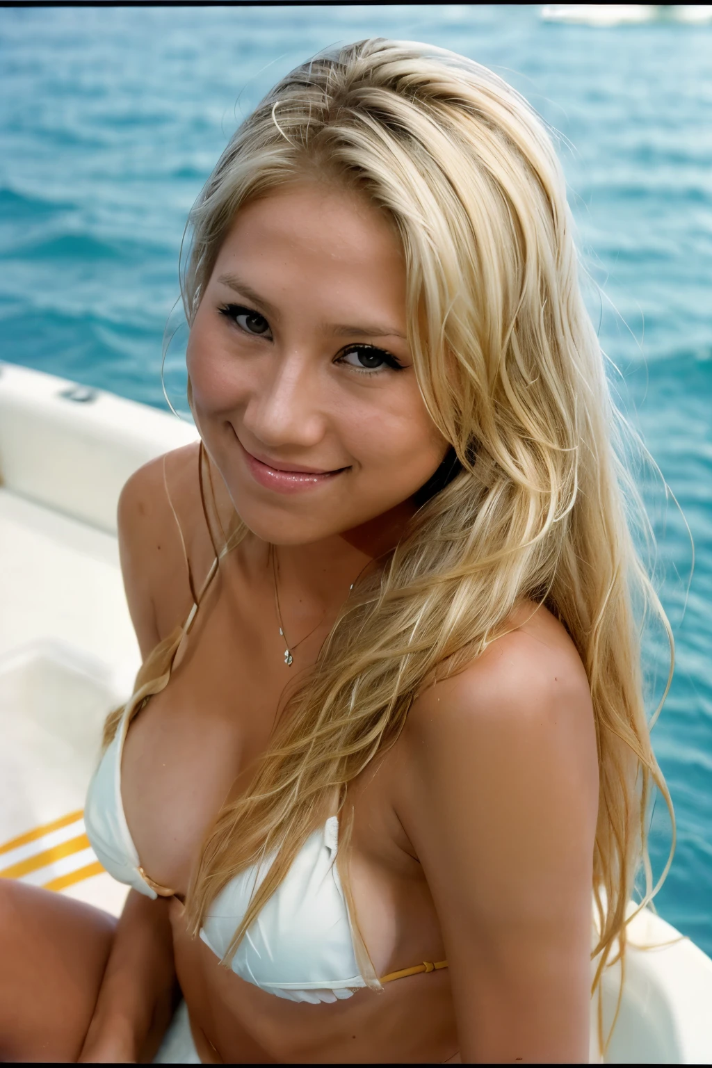 Sexy RAW photo of annkou, wearing bikini on a boat, shot from the side, smiling in a crowded place, blonde, (high detailed skin:1.2), ultra realistic, realistic skin details, dslr, soft lighting, high quality, film grain, Kodak Portra 400