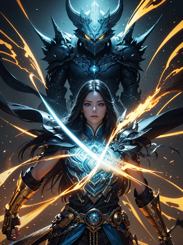 Golden stunning mechanical warrior with glowing blue eyes and glowing crystal sword fighting stance, attack posture, Sword holding posture,
Abstract background magic swirl with sophisticated features in a sci-fi environment,灯光 hyper-realistic 实际的, High detail style dynamic lighting pro is intricate,Super detailed, Realistic rendering, Unreal Engine, hyper-realistic, lifelike, fantasy, epic work, masterpiece