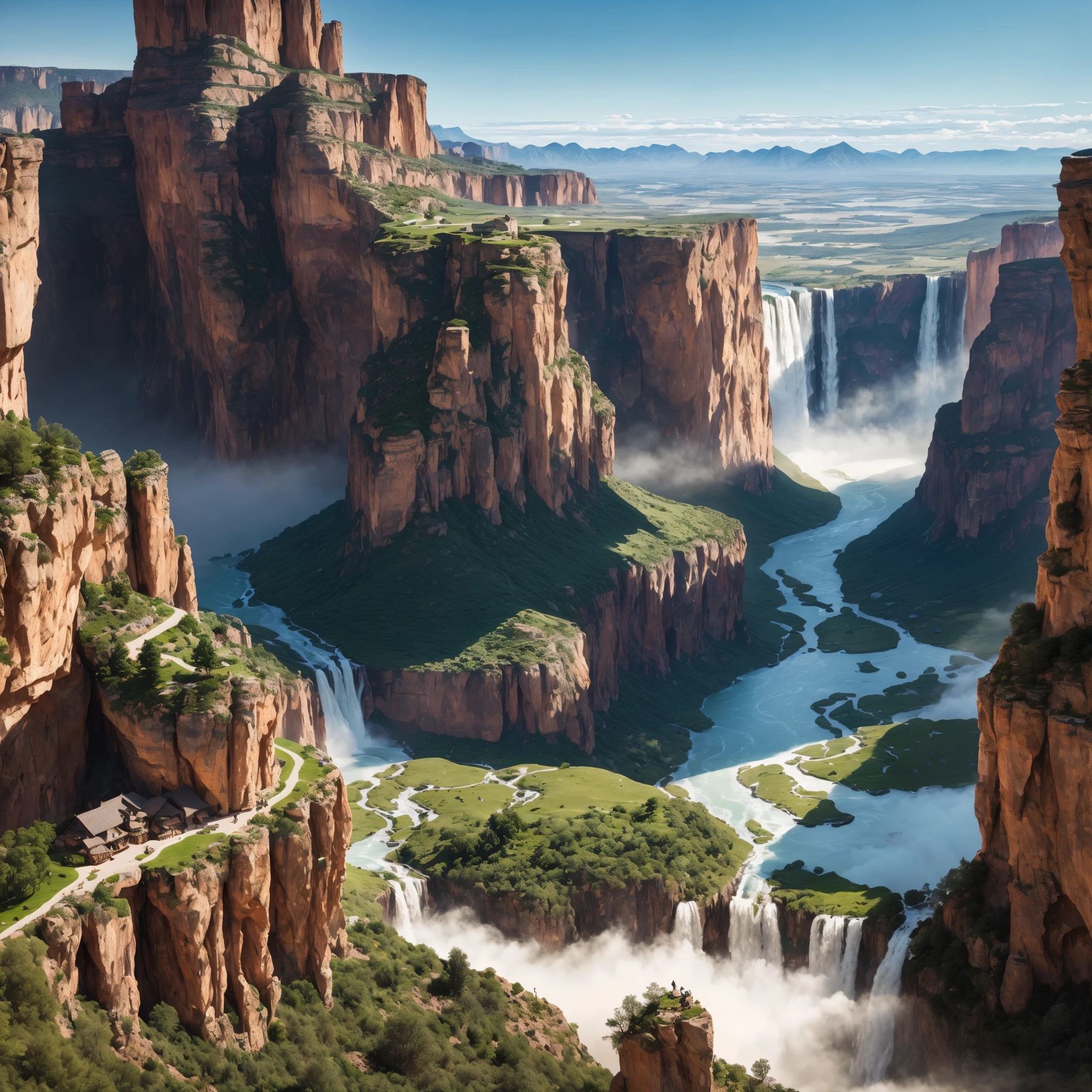 An auberge sits gracefully at the edge of a magnificent cliff, overlooking a breathtaking view of a mountain range and cascading waterfalls. The surroundings portray a sense of borderlands and untamed lands, evoking a heroic fantasy setting. The panoramic view captures the vastness and grandeur of the landscape, immersing the viewer in a world of awe and wonder.