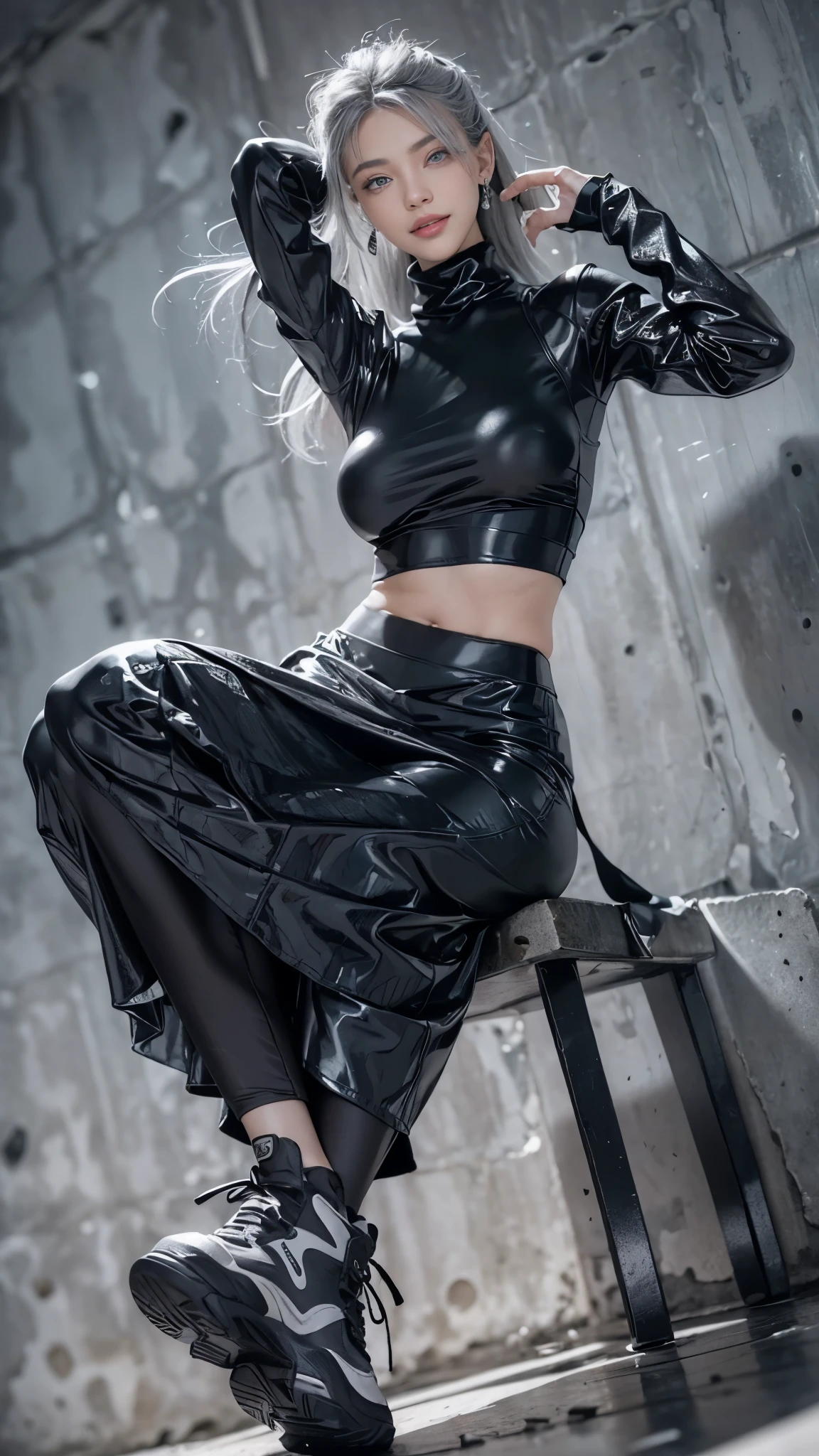(Realistic:1.2), (fashion portrait:1.6), (brand collection, fashion brand theme:1.6), (detailed, beautiful, masterpiece, best quality:1.2), _ BREAK (1girl:1.2), 22 years old, 160 cm, Japanese cute model, Tightened all body, (large Breasts:1.4), small head, small face, diamond Face, small nose, Sharp Faceline, Detailed face, Detailed eyes, young hands and fingers, beautiful hands and fingers, five fingers, _ BREAK (happy, smile, Glossy Lips:1.3), (Light color lips, Half open mouth, beautiful Teeth:1.2), (dropy eyes, Double eyelid, light color eyes, Shiny eyes:1.5), Shiny skin, _ BREAK (arranged hairstyle:1.4), (gray hair, shiny hair), _ BREAK (gray background:1.4), mist, fog, _ BREAK (wide angle, from below:1.6), (sitting, fashion model pose:1.4), focus shoes, BREAK (Cyberpunk and wool fusion:1.3), ((wear an oversized black wool turtleneck with rubberized surface) for a luxurious, futuristic, bodysuit, High legs, and warm feel:1.2), (large sleeves:1.2), (7/8 length:1.2), (simple yet cyberpunk-themed design:1.3), BREAK (black and White theme:1.3), (super Low rise pants with a black subtle reflective pattern:1.2), (super Low rise long skirt:1.4), (Thick sole technical High Sneaker with sleek metal details:1.4), (edgy and versatile:1.2),(Long drooping silver earrings:1.4),