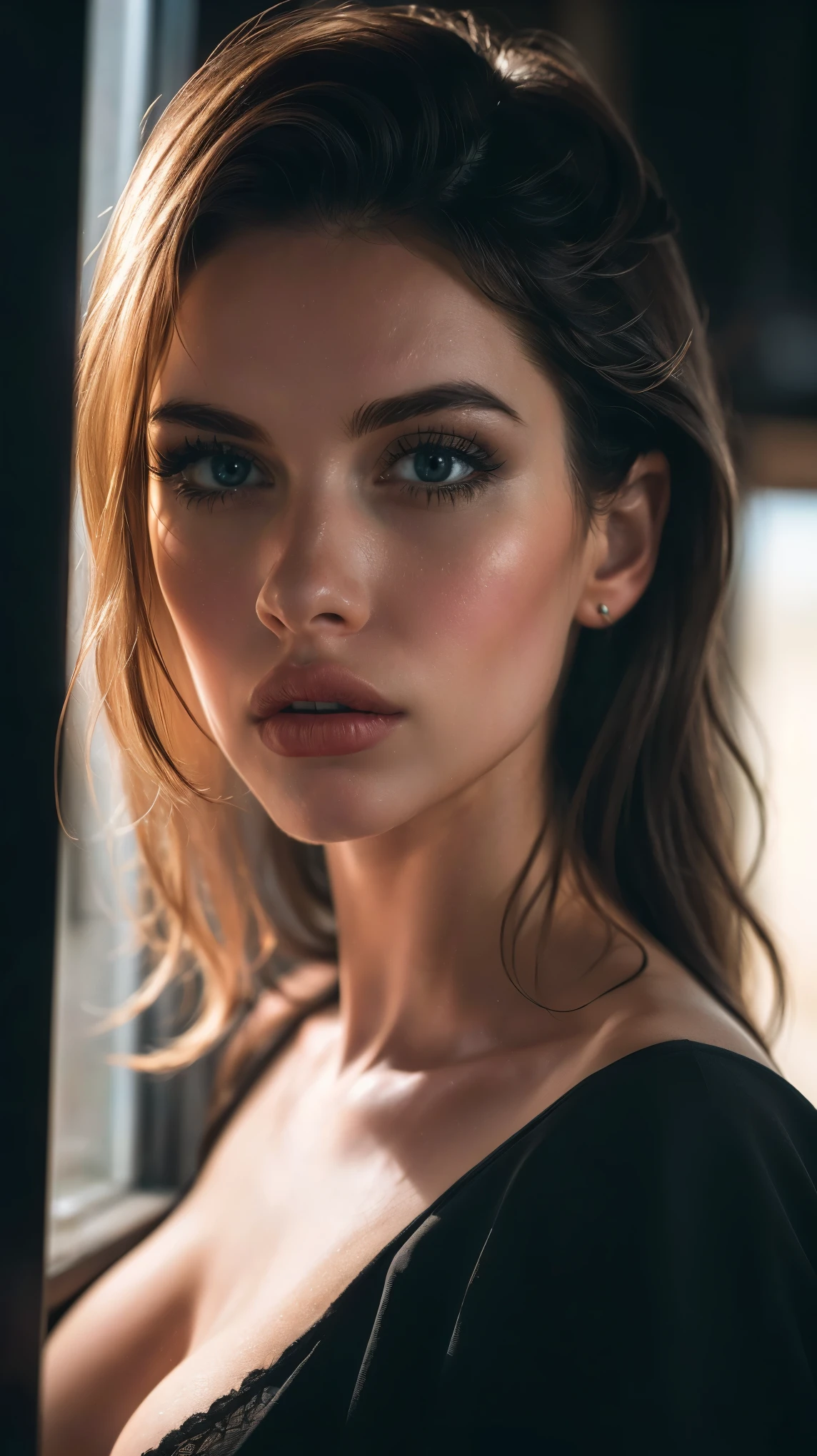 (((ultra realistic))) Photo, masterpiece, top quality, (pale skin), (Ultra detailed face and eyes:1.3), 1 girl, Adult, in a T-shirt, (Eye makeup, mascara) , ((large detailed lips)), ((Dark wavy hair)), ((Chyolka)) , ((Natural breasts)). ((Posing)), photoshoot, studio (soft lighting), (The play of light and shadows), depth of field, bokeh, (special attention to skin detail: 1.2), (Dark atmosphere of the frame, Dark color scheme), ((portrait, close to the camera top view)) , ultra detialed,