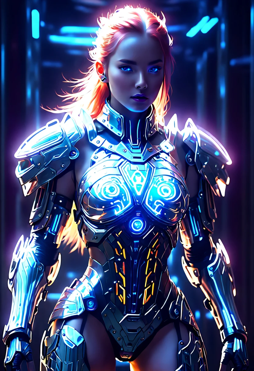 (Legendary Energy Light Shield:1.5)，Sci-fi transparent ethereal shield，Future female warriors，Mechanical Female Warrior，mechanical structure，cyberpunk，Holographic projection，fault art，mechanical aesthetics，neon lights，laser light，fluorescence，glow effect，liquid metal，Copper plate engraving，Unreal Engine