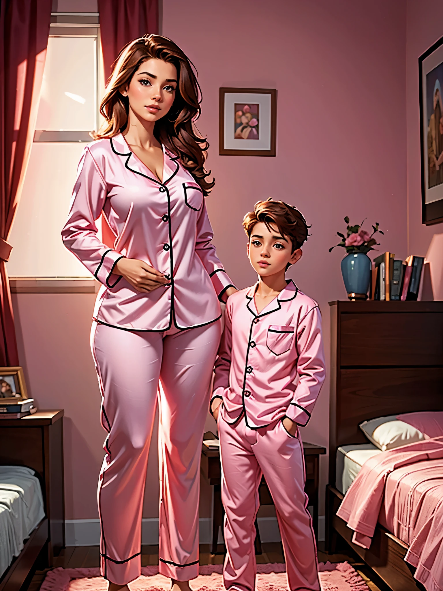 (highres,realistic:1.2),beautiful,cute busty sexy mother and teen son standing in bedroom, wearing sexy pink pajamas,warm color tones