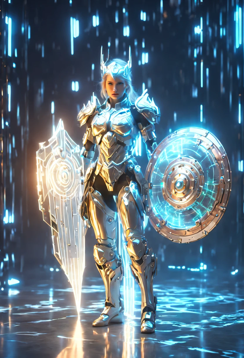 (Legendary Energy Light Shield:1.5)，Sci-fi transparent ethereal shield，Future female warrior holding a large shield，Mechanical Female Warrior，mechanical structure，cyberpunk，Holographic projection，fault art，mechanical aesthetics，neon lights，laser light，fluorescence，glow effect，liquid metal，Copper plate engraving，Unreal Engine