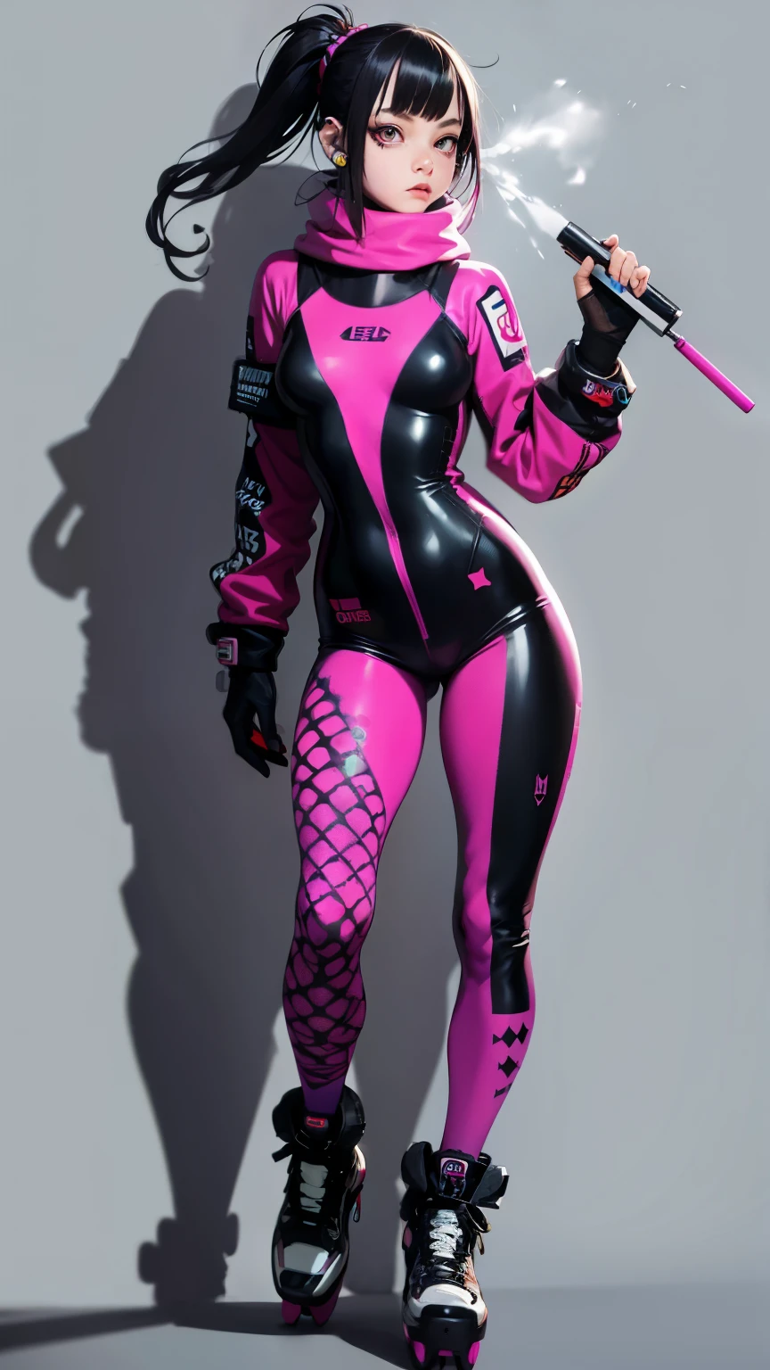 (ultra detailed,ultra high res,detailed background),((2D)),((flat color)),((muted color)),((floating neon)),1girl,solo,looking at viewer, BREAK, spray paint, graffiti, girl in a fencing suit, long plush scarf, full body image, adult woman, anatomically perfect face, face in focus, symmetrical face, (ink punk: 1.4)