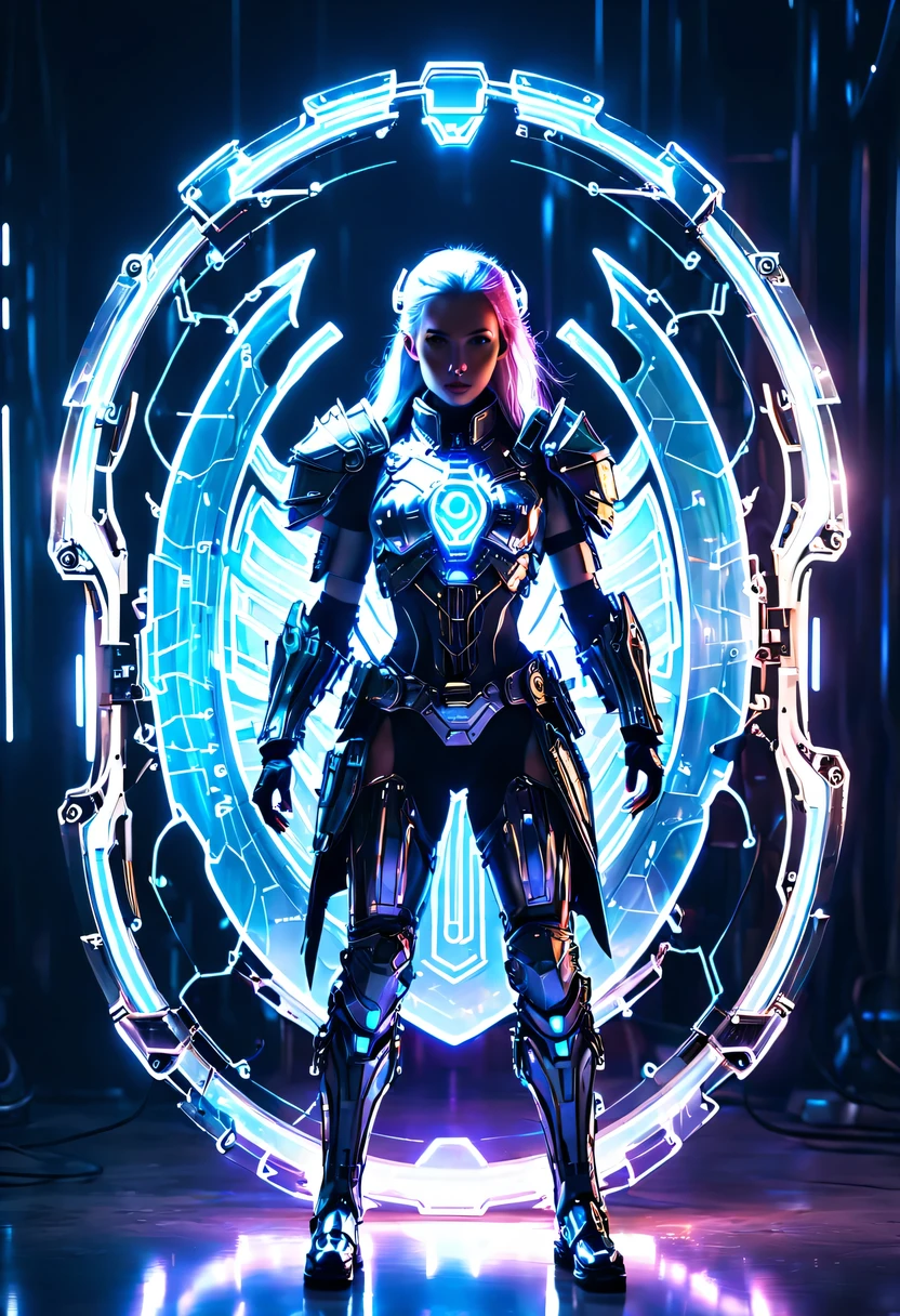 (Legendary Energy Light Shield:1.5)，Sci-fi transparent ethereal shield，Future female warrior holding a large shield，Mechanical Female Warrior，mechanical structure，cyberpunk，Holographic projection，fault art，mechanical aesthetics，neon lights，laser light，fluorescence，glow effect，liquid metal，Copper plate engraving，Unreal Engine