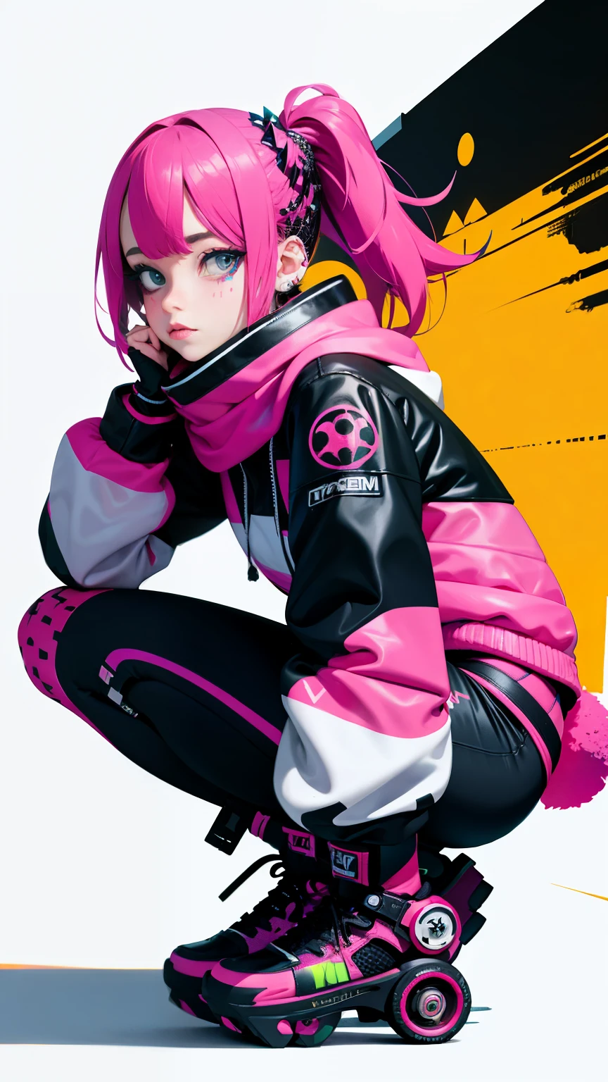 (ultra detailed,ultra high res,detailed background),((2D)),((flat color)),((muted color)),((floating neon)),1girl,solo,looking at viewer, BREAK, spray paint, graffiti, girl in a white colorful fencing suit, long plush scarf, full body image, adult woman, anatomically perfect face, face in focus, symmetrical face, (ink punk: 1.4), rollerblades