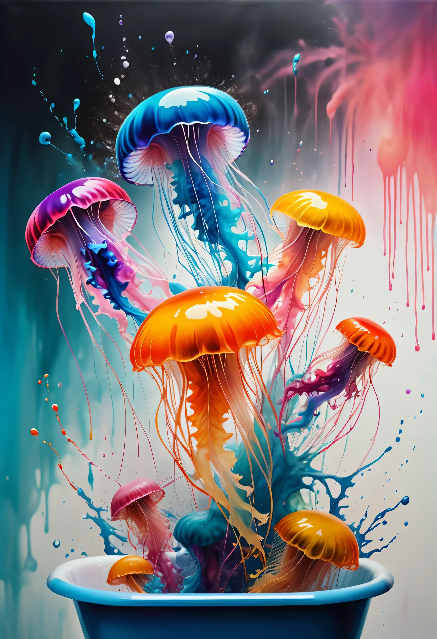 (best picture quality，4k,8k，high-definition，masterpiece:1.2)，Ultra-detailed，(lifelike，lifelike，lifelike:1.37)。ink painting，art masterpice，Mr. Jellyfish in the glass bathtub，Smile jellyfish sprays colorful ink，（ink splash effect：1.37，Sprayed paint：1.37.splash of colorful paint，paint splatter background，）Energetic movement，Dynamic and powerful abstract art，rich colors，propylene，Vivid rainbow hues，Happy and lively atmosphere，bright orange，Pink，Whimsical and dreamy，Spontaneous splashing，bold color contrast。