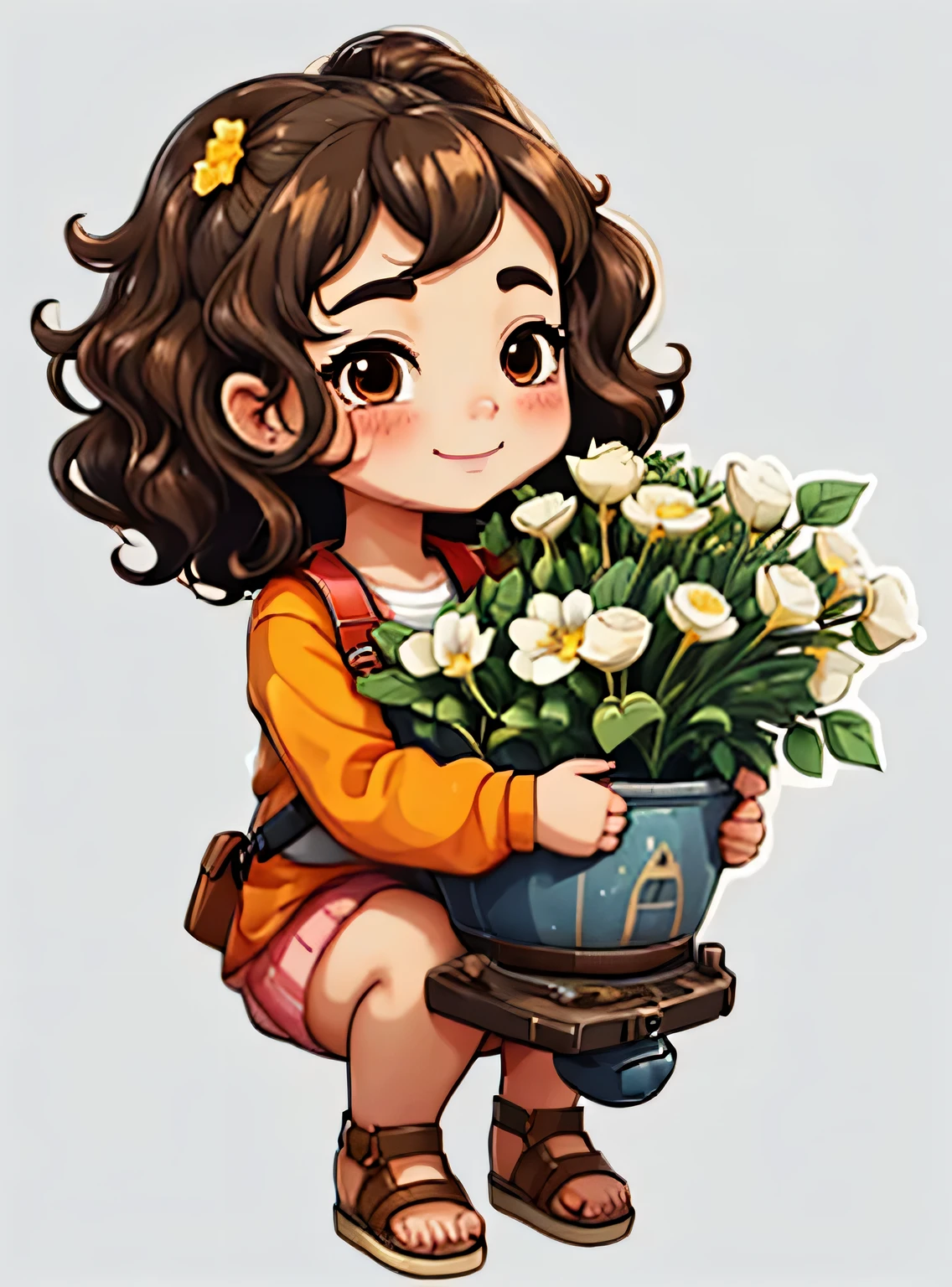 uma de cinco anos、Um sorriso、short and non-binary person, olhos e cabelos castanhos ondulados、Fundo simples e moderno de sala de estar com flores