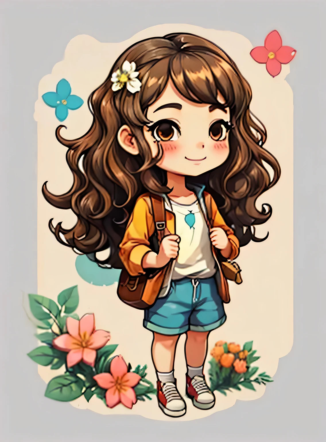 uma  de cinco anos、Um sorriso、short and non-binary person, olhos e cabelos castanhos ondulados、Fundo simples e moderno de sala de estar com flores