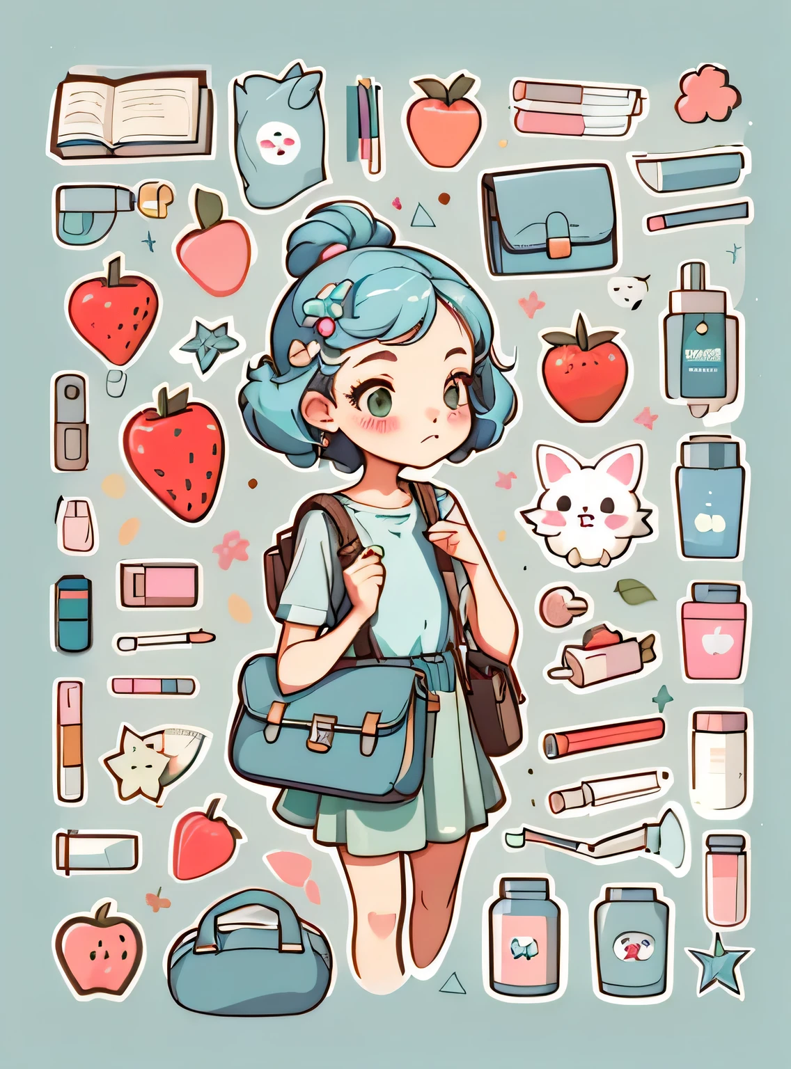 1 adesivo, manual, (uma garota estilosa, modelo, tampo azul, saco das senhoras, lots of Bonitinho cosmetics, caderno, papelaria, tissue, Bonitinho pouch), fundo branco e verde, fundo simples, minimum, elma, morango, Bonitinho, pequeno, cor pastel, estilo vetorial, sem gradiente，