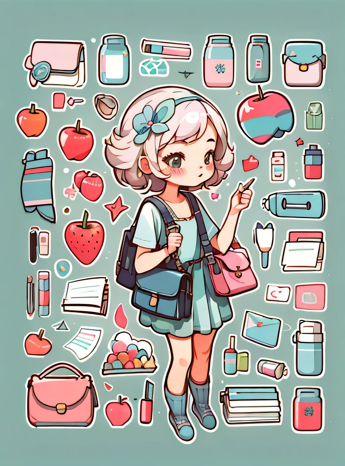1 adesivo, manual, (uma garota estilosa, modelo, tampo azul, saco das senhoras, lots of Bonitinho cosmetics, caderno, papelaria, tissue, Bonitinho pouch), fundo branco e verde, fundo simples, minimum, elma, morango, Bonitinho, pequeno, cor pastel, estilo vetorial, sem gradiente，
