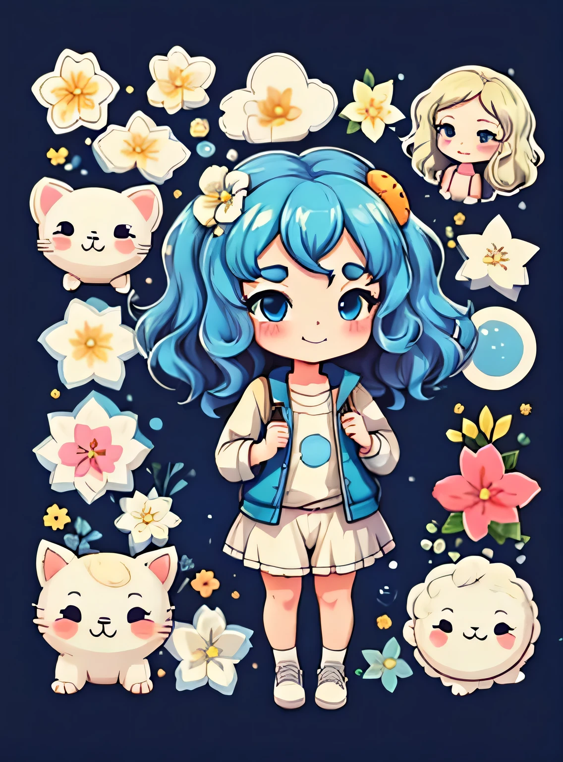 uma de cinco anos、Um sorriso、short and non-binary person, olhos e cabelos azuis ondulados、Fundo simples e moderno de sala de estar com flores