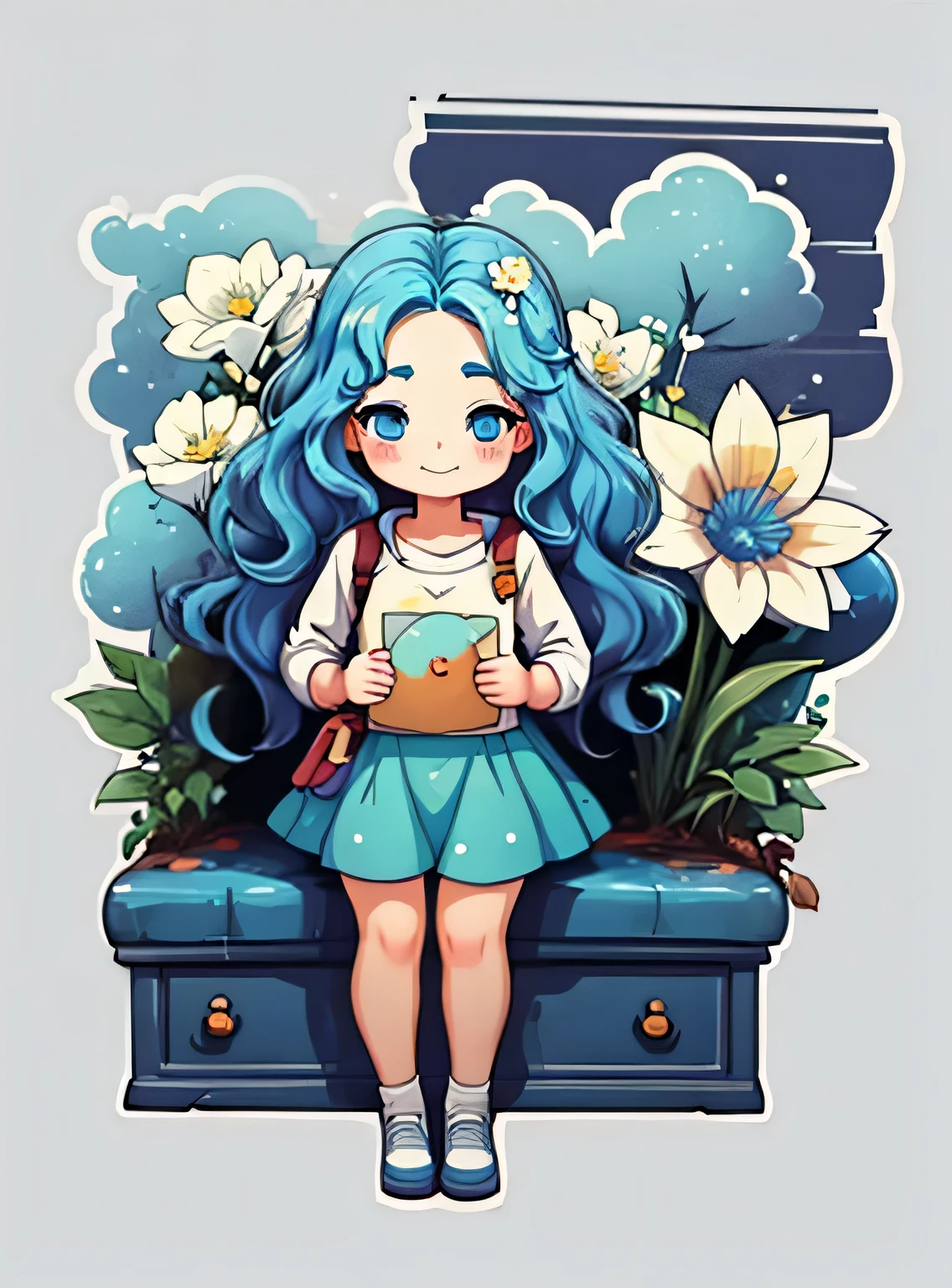 uma de cinco anos、Um sorriso、short and non-binary person, olhos e cabelos azuis ondulados、Fundo simples e moderno de sala de estar com flores