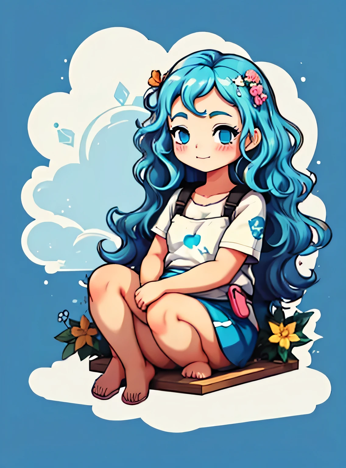uma de cinco anos、Um sorriso、short and non-binary person, olhos e cabelos azuis ondulados、Fundo simples e moderno de sala de estar com flores