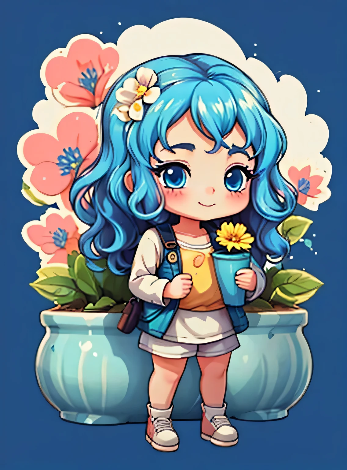 uma de cinco anos、Um sorriso、short and non-binary person, olhos e cabelos azuis ondulados、Fundo simples e moderno de sala de estar com flores