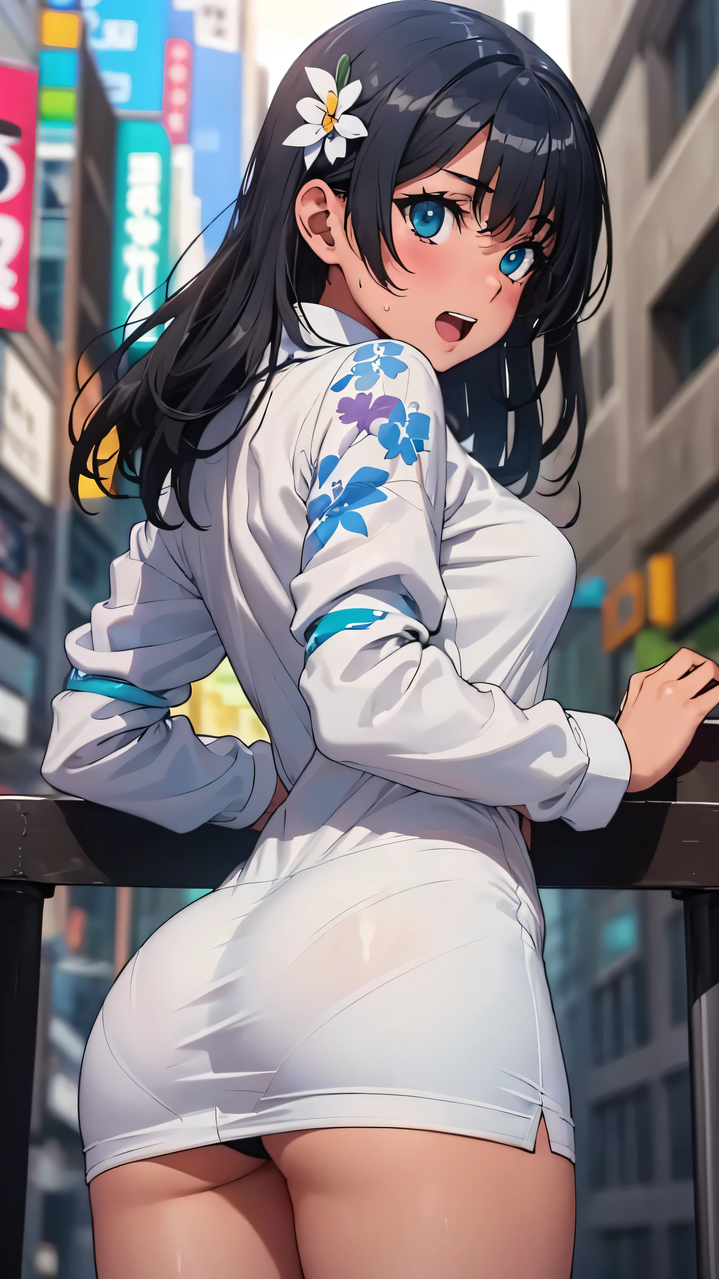 woman,,,city,night,(((white and blue tight miniskirt bodysuit))),,open mouth smile(())(See-through),(()),((Satin Nariko)),blush、surprised face,((())),((look back))(wet with sweat)