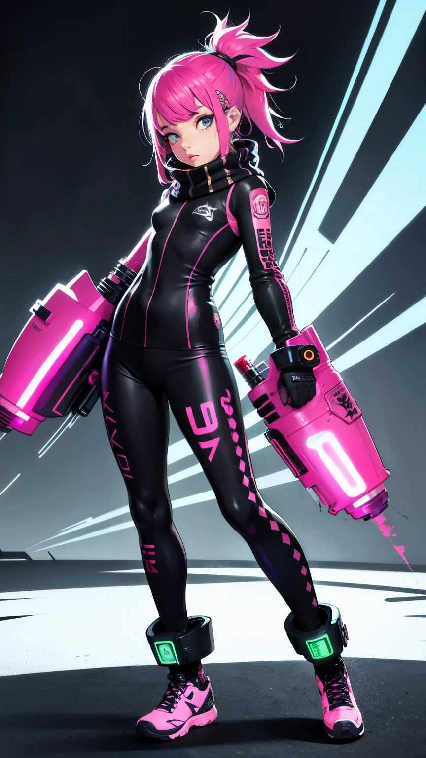 (ultra detailed,ultra high res,detailed background),((2D)),((flat color)),((muted color)),((floating neon)),1girl,solo,looking at viewer, BREAK, spray paint, graffiti, girl in a fencing suit, long plush scarf, full body image, adult woman, anatomically perfect face, face in focus, symmetrical face, (ink punk: 1.4)