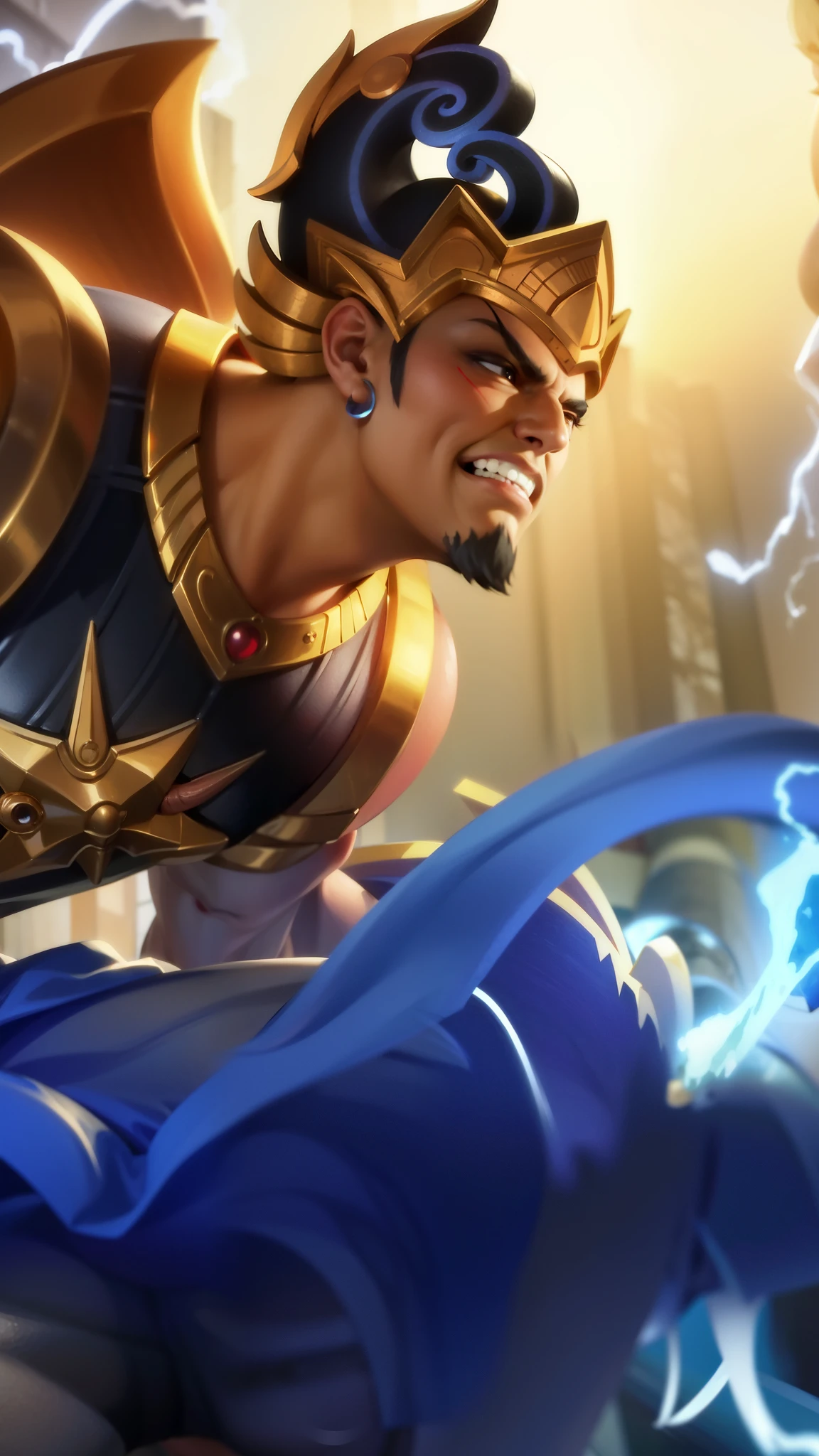masculine male, masterpiece, ((perfect eyes)) best quality, (semirealism:1.9), beautiful lighting, (extremely detailed CG unity 4k fhd wallpaper), High Detail, Sharp focus, dramatic outdoors, 1 boy ,40 years old, brown short hair, blue eyes, smile, Boy with two big horns, big earrings on ears, elf ear, red eyes, Thick eyebrows, evil smile, grinning,red body, red face, Burning skin, big white belt , 8k , realistic, scary.