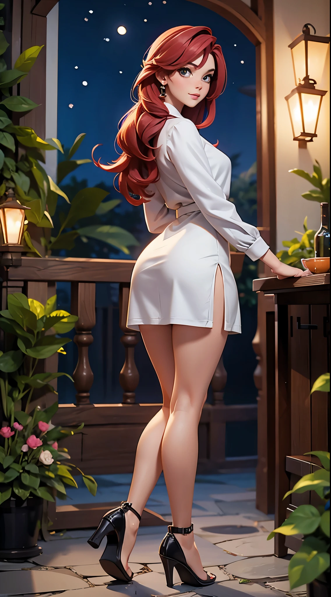 white woman, 21 years old year old, thin and small, she wears a gray elegant dress, red hair, beauty, big ass, background garden in the night.  Full body