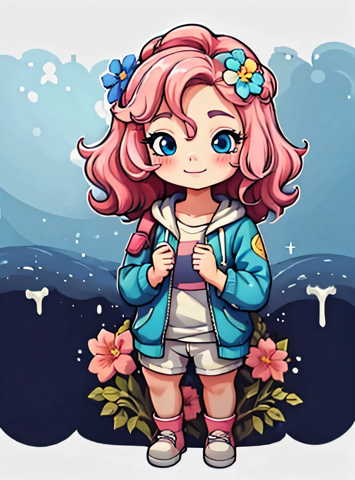 uma de cinco anos、Um sorriso、short and non-binary person, cabelo rosa ondulado e olhos azuis、fundo com flores