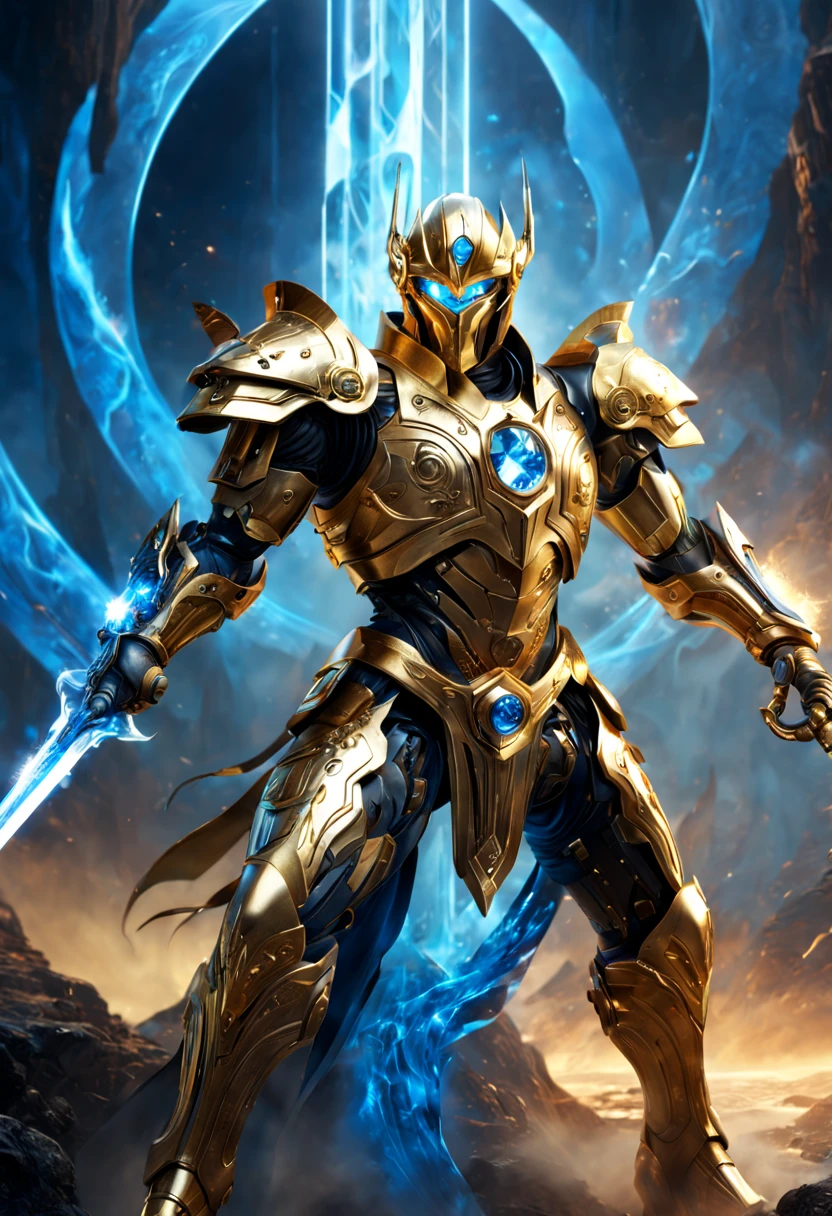 
            Golden stunning mechanical warrior with glowing crystal sword fighting stance, attack posture, Sword holding posture,

               Abstract background magic swirl with sophisticated features in a sci-fi environment,灯光 hyper-realistic  实际的, High detail style dynamic lighting pro is intricate,Super detailed, Realistic rendering, Unreal Engine, hyper-realistic, lifelike,  fantasy, epic work, masterpiece