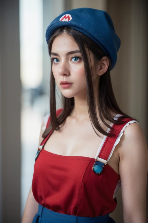 (female Mario), character design, Nintendo Super Mario, (blue eyes, red hat, red suit, blue suspenders, white gloves, )super cute blind box style, chibi, full body, exaggerated expressions and actions, clean background, bright iridescent highlights, studio lighting, atmospheric lighting, with exquisite texture, high detail, high resolution, c4d, 3D, Blender, 8k, best quality, ultra high definition