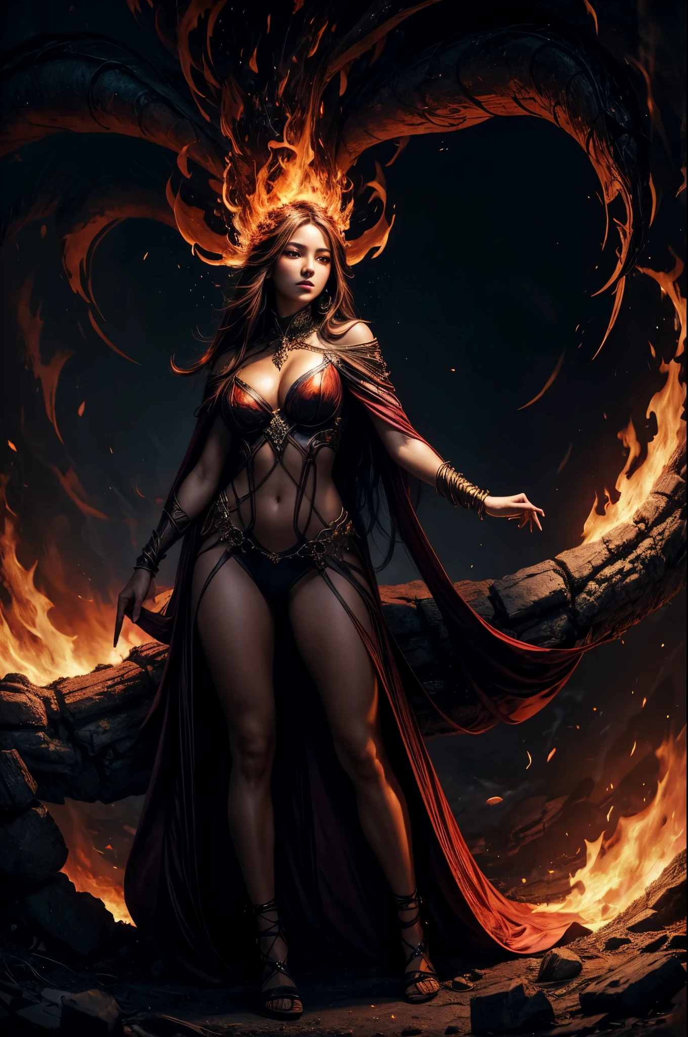 A stunningly radiant girl with flawless features and a captivating aura gracefully treads amidst the fiery horrors of the underworld. the image catches her whole figure. The image, a mesmerizing painting, showcases her ethereal beauty against a backdrop of flames and darkness.