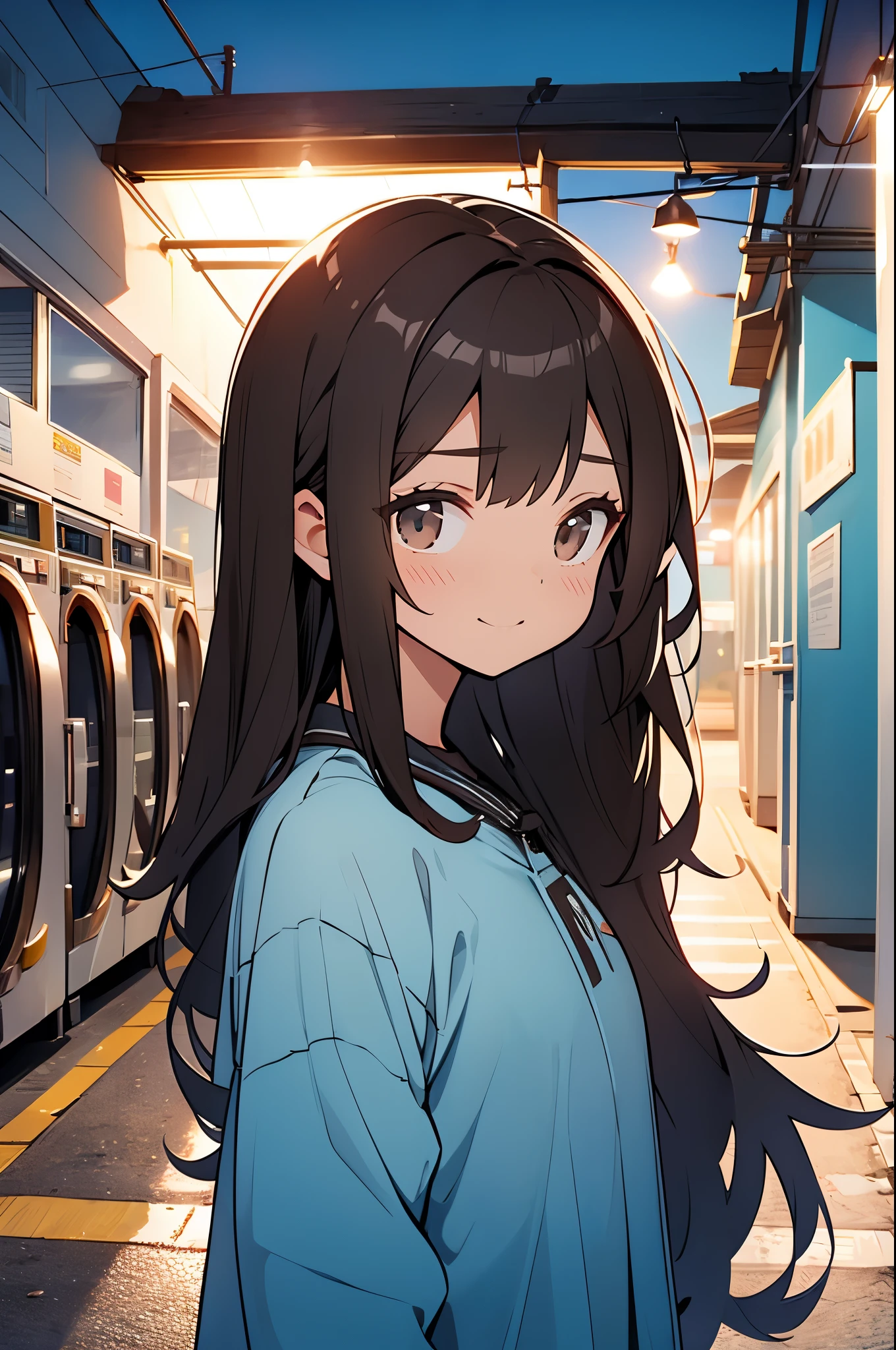 An adult woman with dark brown hair to the point it looks black with slight waves intermittently from being half straightened, casual but comfy clothes yet formal, old friend that never forgot about you, happy to see you, background is a place you didn't expect to meet, hands out of sight, surprised but happy, glad you're okay, late night at the laundromat, night time vibes, small town, cozy,