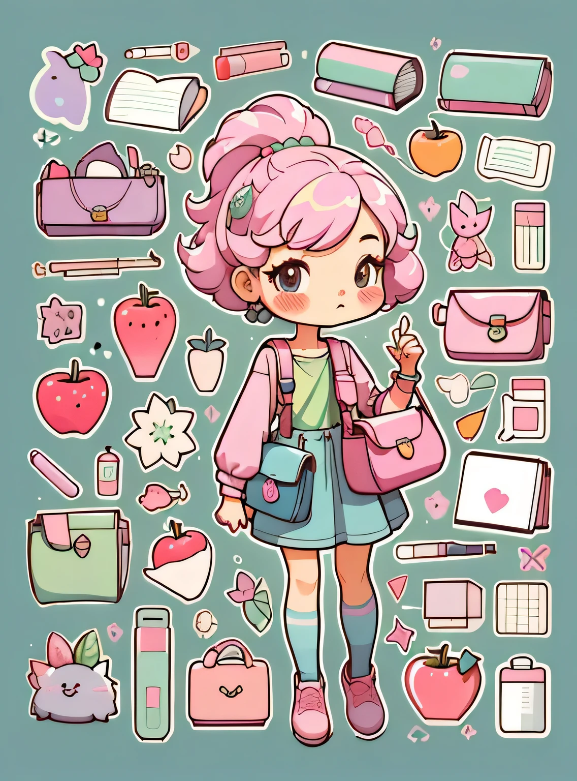 1 adesivo, manual, (uma garota estilosa, modelo, Top rosa, saco das senhoras, lots of Bonitinho cosmetics, caderno, papelaria, tissue, Bonitinho pouch), fundo roxo e verde, fundo simples, minimum, elma, morango, Bonitinho, pequeno, cor pastel, estilo vetorial, sem gradiente,
