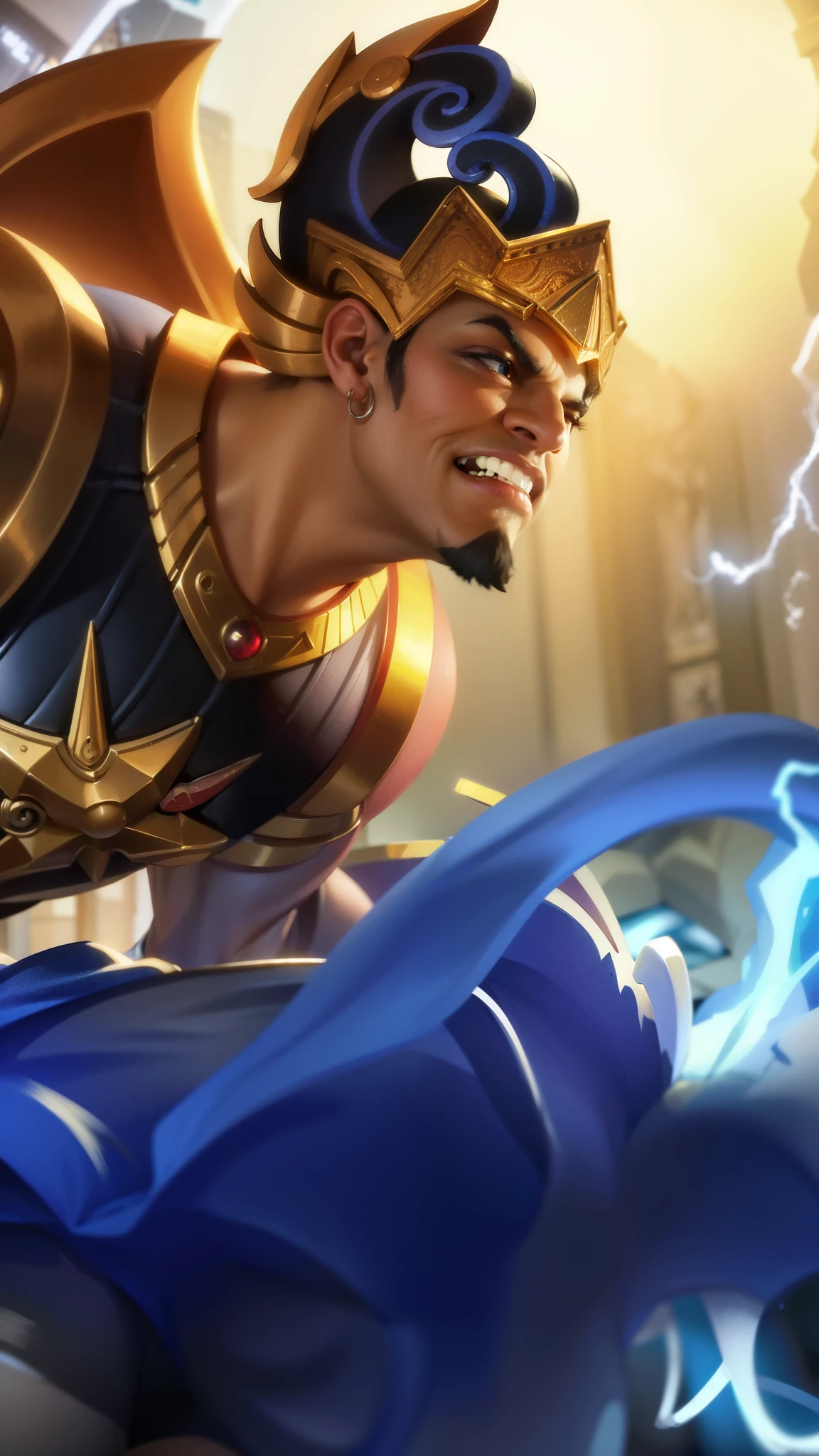 masculine male, masterpiece, ((perfect eyes)) best quality, (semirealism:1.9), beautiful lighting, (extremely detailed CG unity 4k fhd wallpaper), High Detail, Sharp focus, dramatic outdoors, 1 boy ,40 years old, brown short hair, blue eyes, smile, Boy with two big horns, big earrings on ears, elf ear, red eyes, Thick eyebrows, evil smile, grinning,red body, red face, Burning skin, big white belt , 8k , realistic, scary.