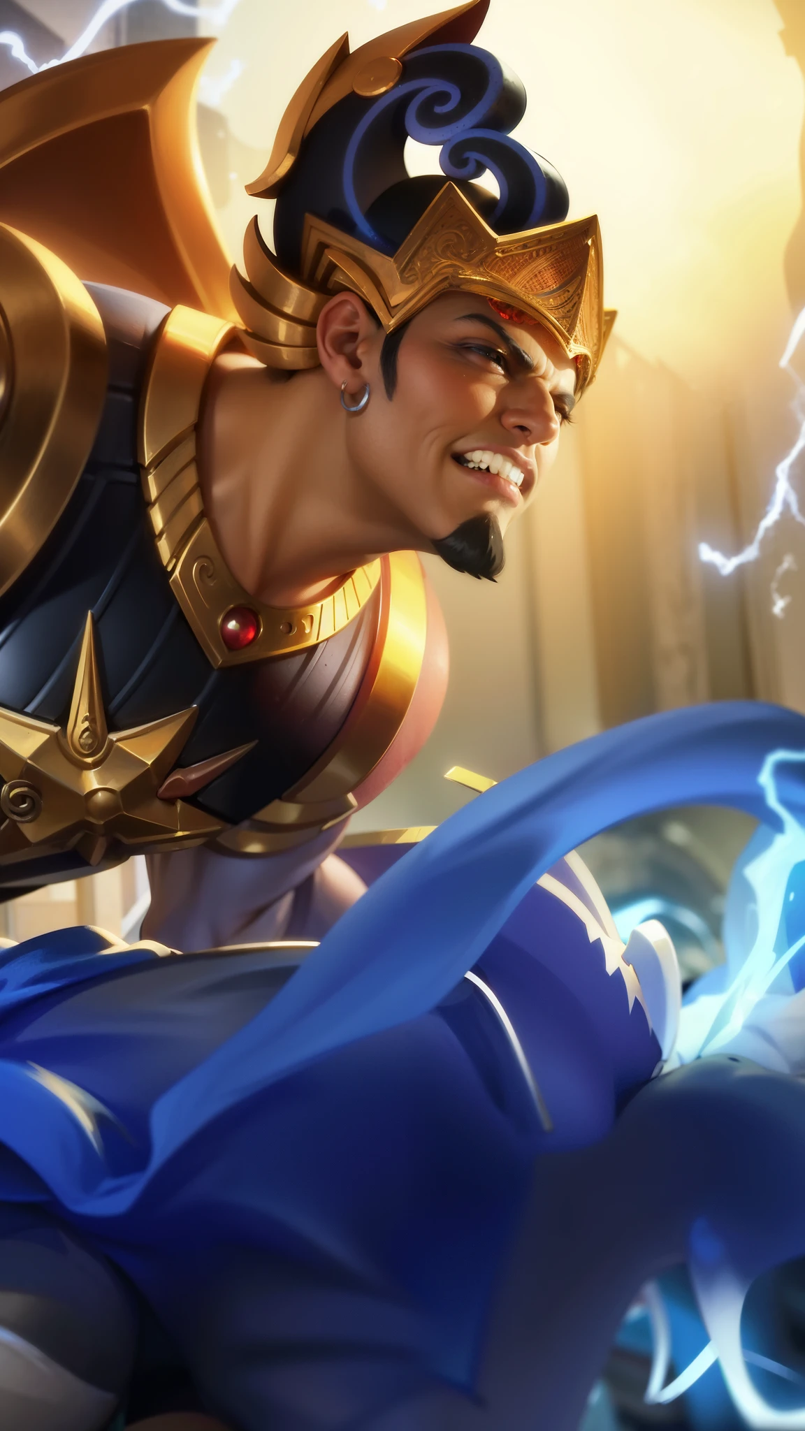 masculine male, masterpiece, ((perfect eyes)) best quality, (semirealism:1.9), beautiful lighting, (extremely detailed CG unity 4k fhd wallpaper), High Detail, Sharp focus, dramatic outdoors, 1 boy ,40 years old, brown short hair, blue eyes, smile, Boy with two big horns, big earrings on ears, elf ear, red eyes, Thick eyebrows, evil smile, grinning,red body, red face, Burning skin, big white belt , 8k , realistic, scary.