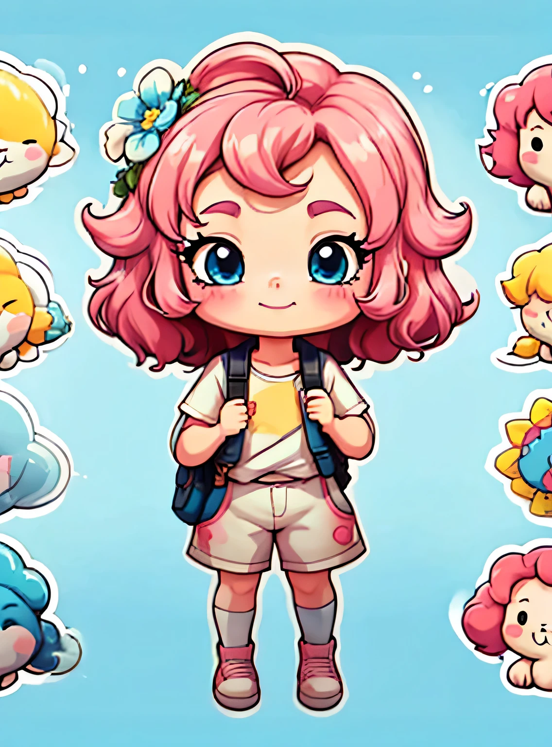 uma de cinco anos、Um sorriso、short and non-binary person, cabelo rosa ondulado e olhos azuis、fundo com flores