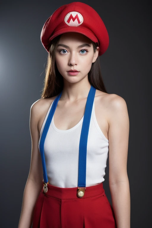 (female Mario), character design, Nintendo Super Mario, (blue eyes, red hat, red suit, blue suspenders, white gloves, )super cute blind box style, chibi, full body, exaggerated expressions and actions, clean background, bright iridescent highlights, studio lighting, atmospheric lighting, with exquisite texture, high detail, high resolution, c4d, 3D, Blender, 8k, best quality, ultra high definition