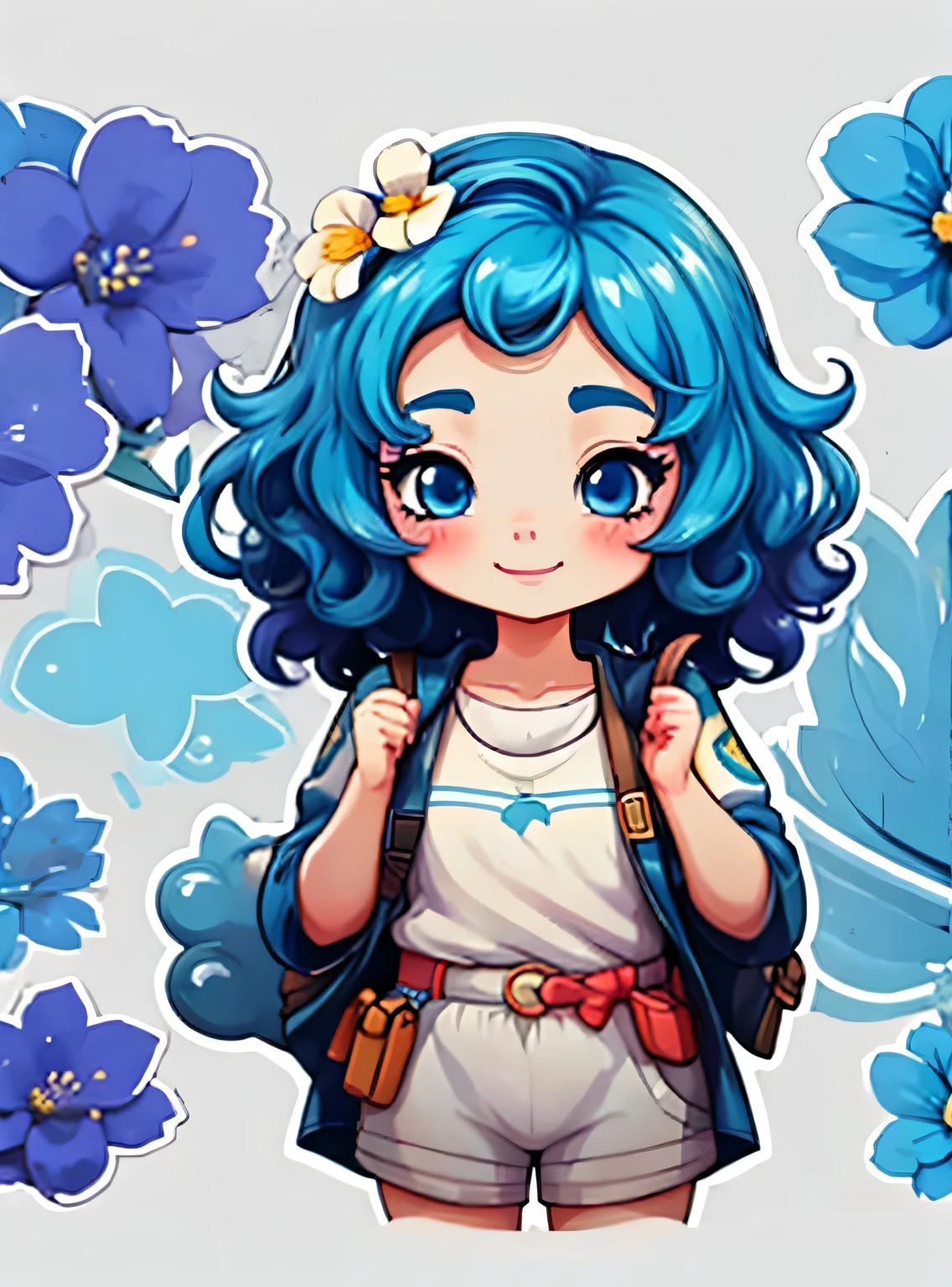 uma  de cinco anos、Um sorriso、short and non-binary person, cabelos azuis ondulados e olhos azuis、fundo com flores