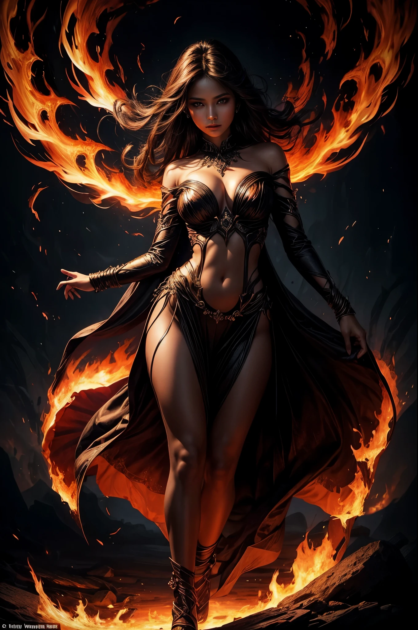 A stunningly radiant girl with flawless features and a captivating aura gracefully treads amidst the fiery horrors of the underworld. the image catches her whole figure. The image, a mesmerizing painting, showcases her ethereal beauty against a backdrop of flames and darkness.