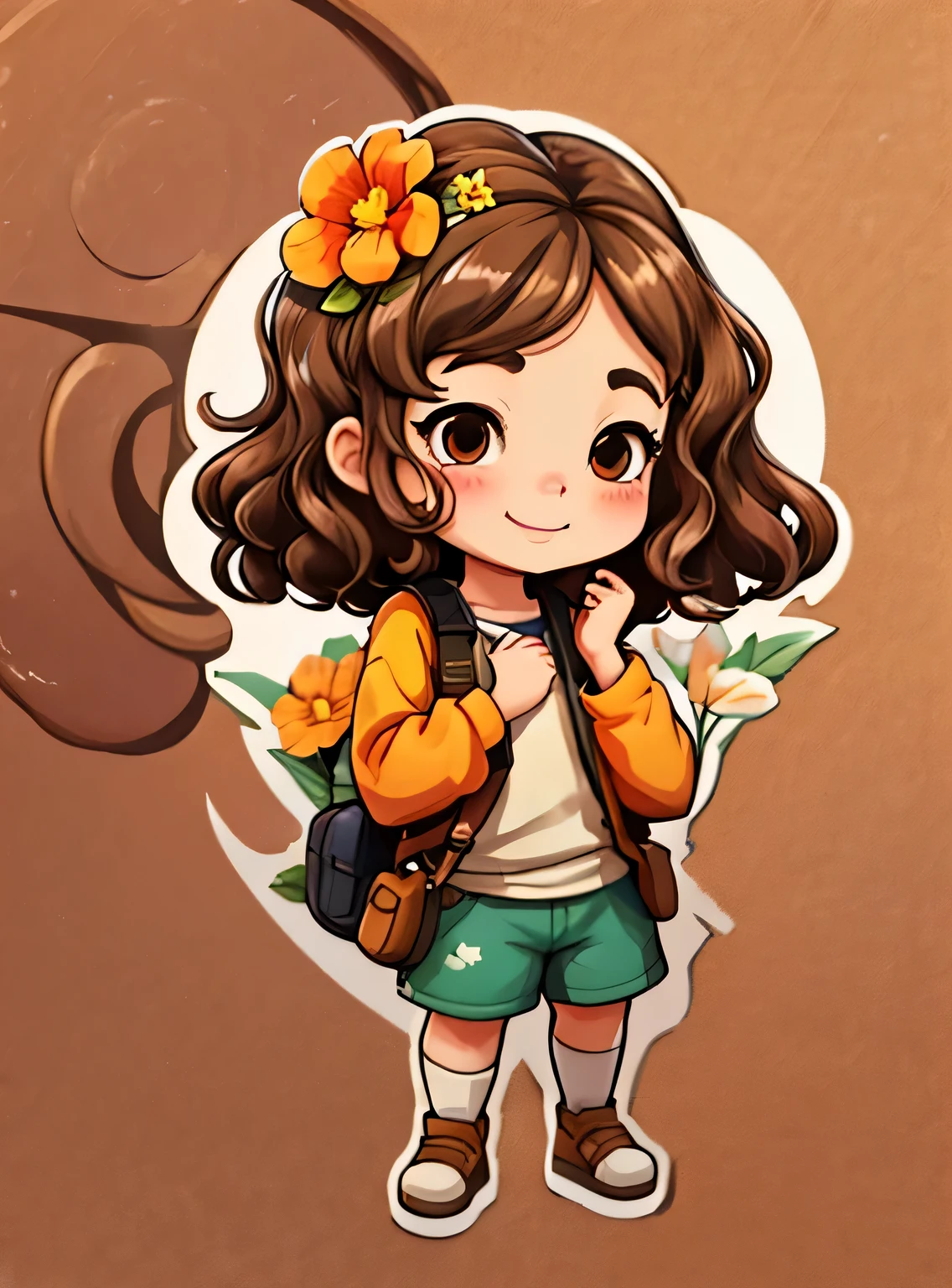 uma de cinco anos、Um sorriso、short and non-binary person, cabelos castanhos ondulados e olhos castanhos、fundo com flores