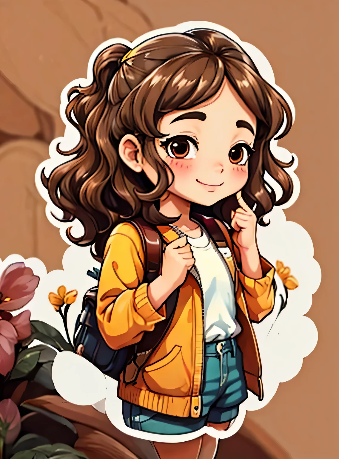 uma de cinco anos、Um sorriso、short and non-binary person, cabelos castanhos ondulados e olhos castanhos、fundo com flores