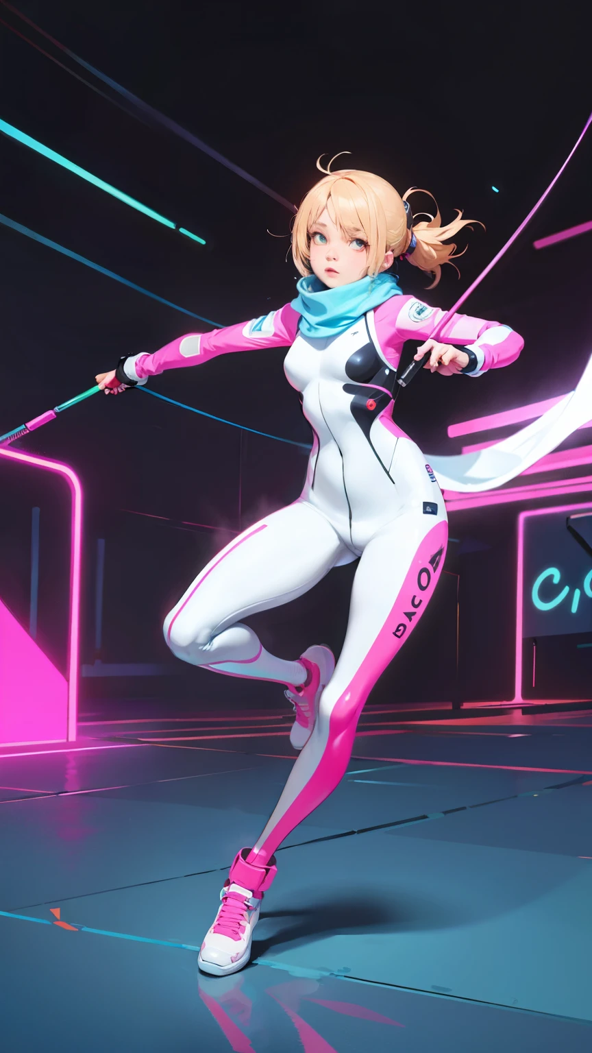 (ultra detailed,ultra high res,detailed background),((2D)),((flat color)),((muted color)),((floating neon)),1girl,solo,looking at viewer, BREAK, spray paint, graffiti,fencer, girl in a white fencing suit, long plush scarf, full body image, adult woman, anatomically perfect face, face in focus, symmetrical face,