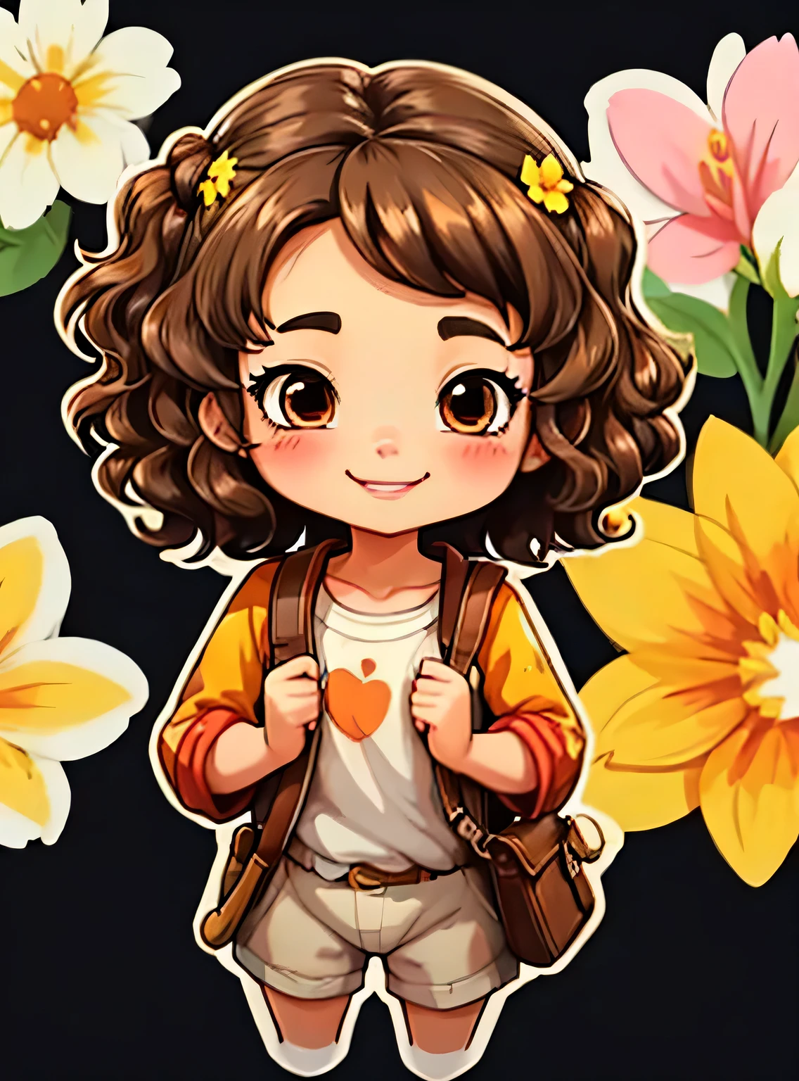 uma de cinco anos、Um sorriso、short and non-binary person, cabelos castanhos ondulados e olhos castanhos、fundo com flores